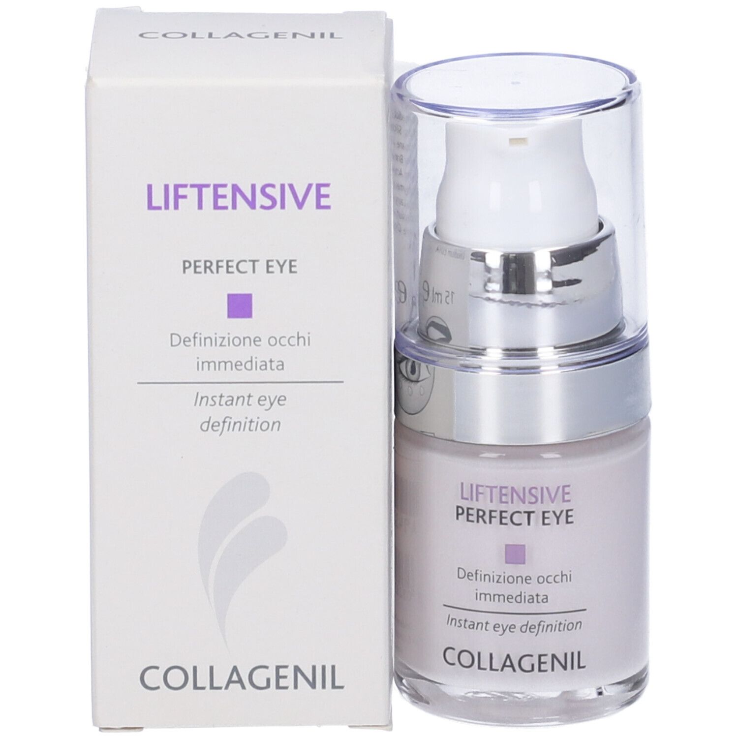 Flacone di crema occhi con pompa e tappo e confezione. Scritta: Liftensive Perfect Eye, Collagenil.