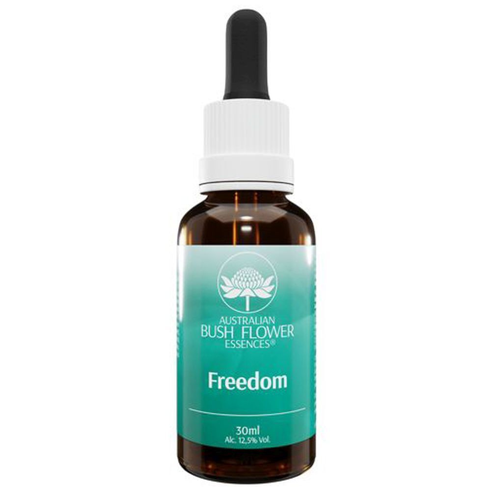 Flacone di vetro marrone con contagocce. Scritta: Freedom, 30ml, Alc. 12,5% vol. Logo: fiore. Marchio: Australian Bush Flower Essences.