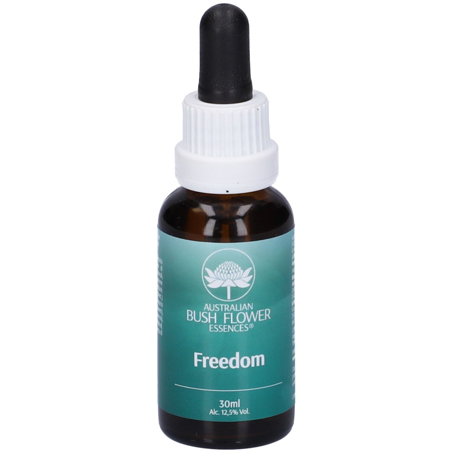 Flacone di vetro marrone con contagocce. Scritta: Freedom, 30ml, Alc. 12,5% vol. Logo: fiore. Marchio: Australian Bush Flower Essences.
