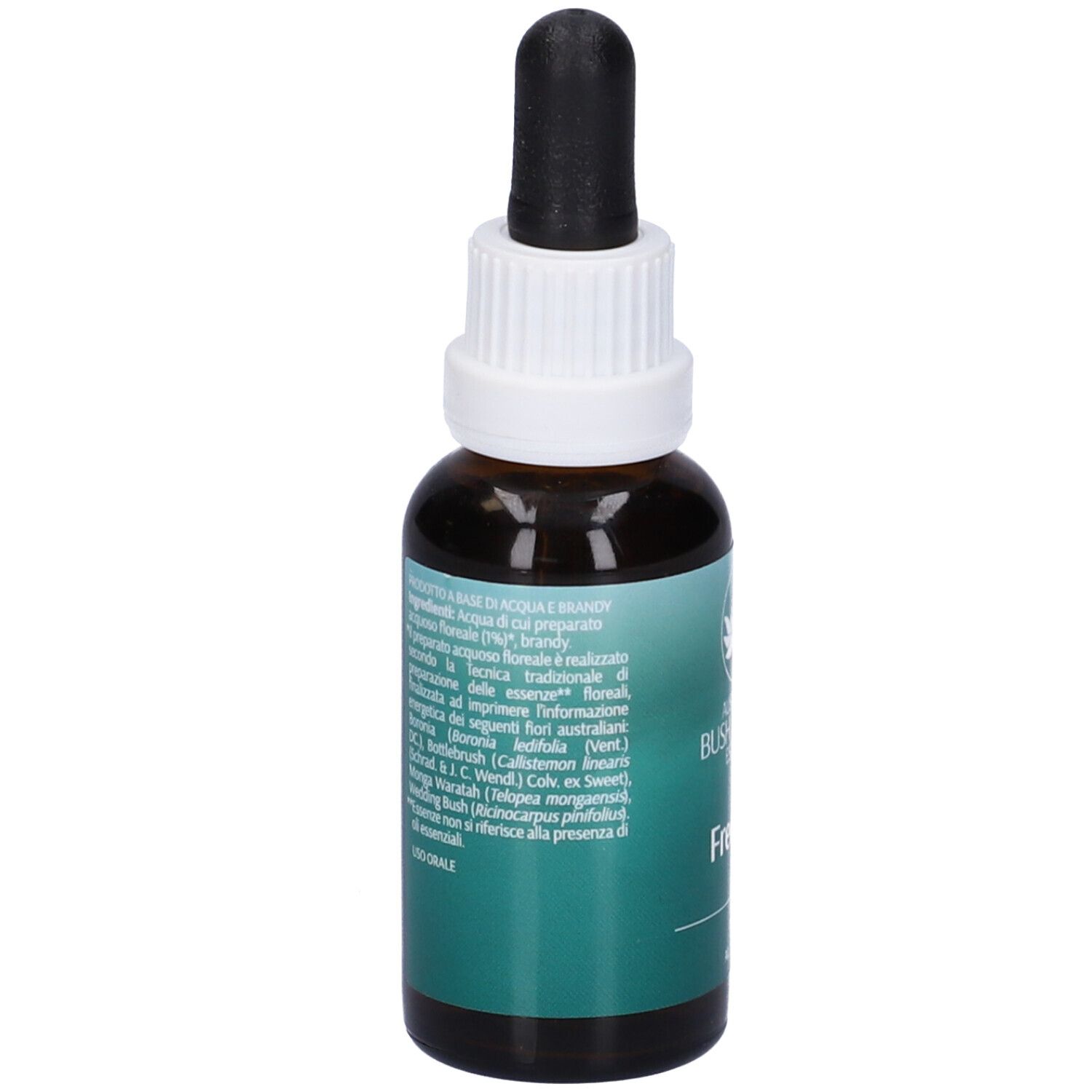 Flacone di vetro marrone con contagocce. Scritta: Freedom, 30ml, Alc. 12,5% vol. Logo: fiore. Marchio: Australian Bush Flower Essences. Testo sul retro.
