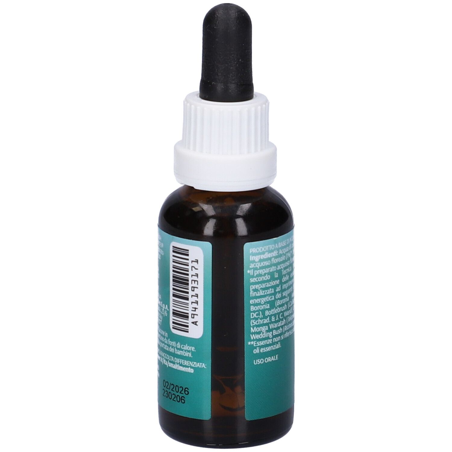 Flacone di vetro marrone con contagocce. Scritta: Freedom, 30ml, Alc. 12,5% vol. Logo: fiore. Marchio: Australian Bush Flower Essences. Testo sul retro.