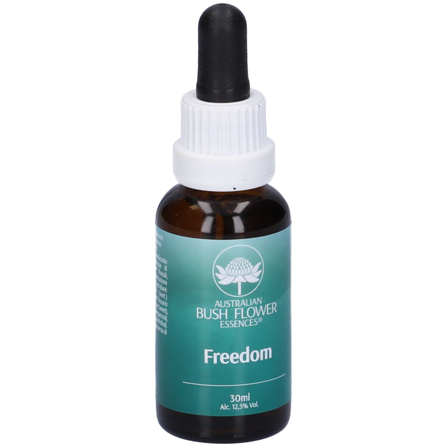 Flacone di vetro marrone con contagocce. Scritta: Freedom, 30ml, Alc. 12,5% vol. Logo: fiore. Marchio: Australian Bush Flower Essences.