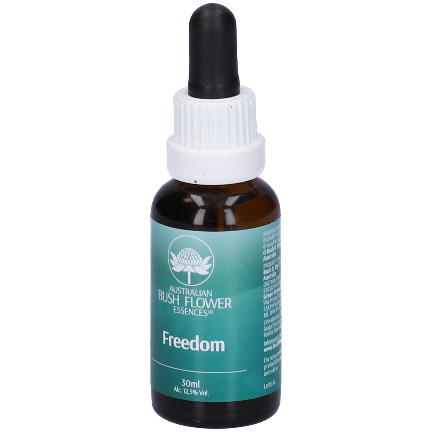 Flacone di vetro marrone con contagocce. Scritta: Freedom, 30ml, Alc. 12,5% vol. Logo: fiore. Marchio: Australian Bush Flower Essences.