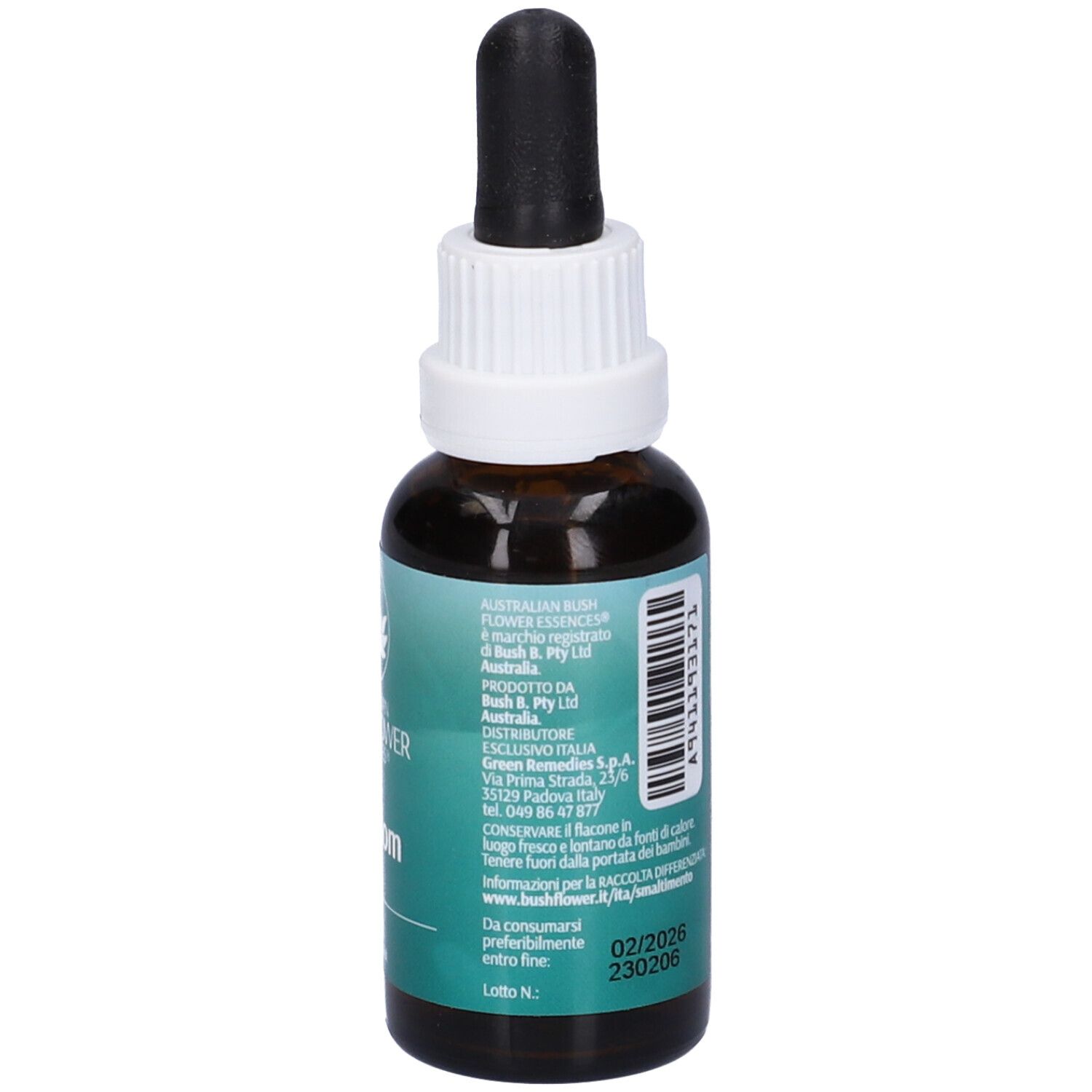Flacone di vetro marrone con contagocce. Scritta: Freedom, 30ml, Alc. 12,5% vol. Logo: fiore. Marchio: Australian Bush Flower Essences. Testo sul retro.