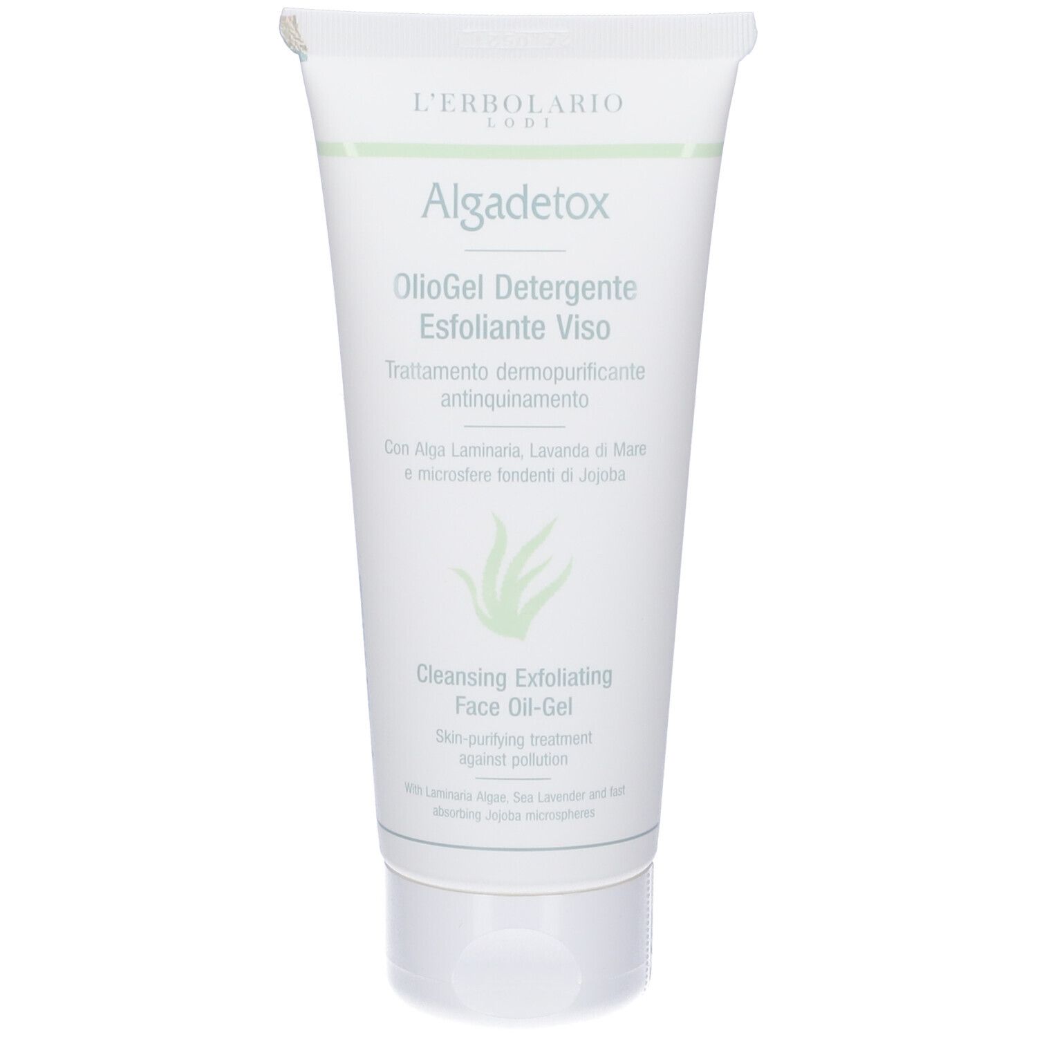 Tubo bianco con nome e logo del prodotto. Testo: Algadetox, OiloGel Detergente Esfoliante Viso. Grafica aloe vera.