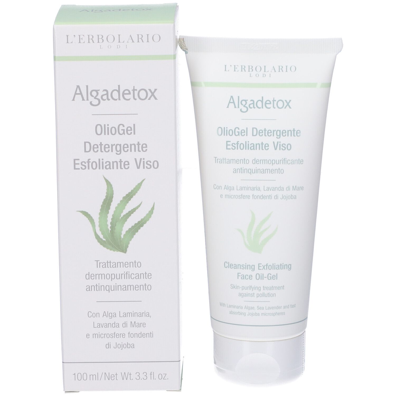 Confezione del prodotto. Tubo e scatola bianchi. Testo: Algadetox, OiloGel Detergente Esfoliante Viso. Grafica aloe vera.