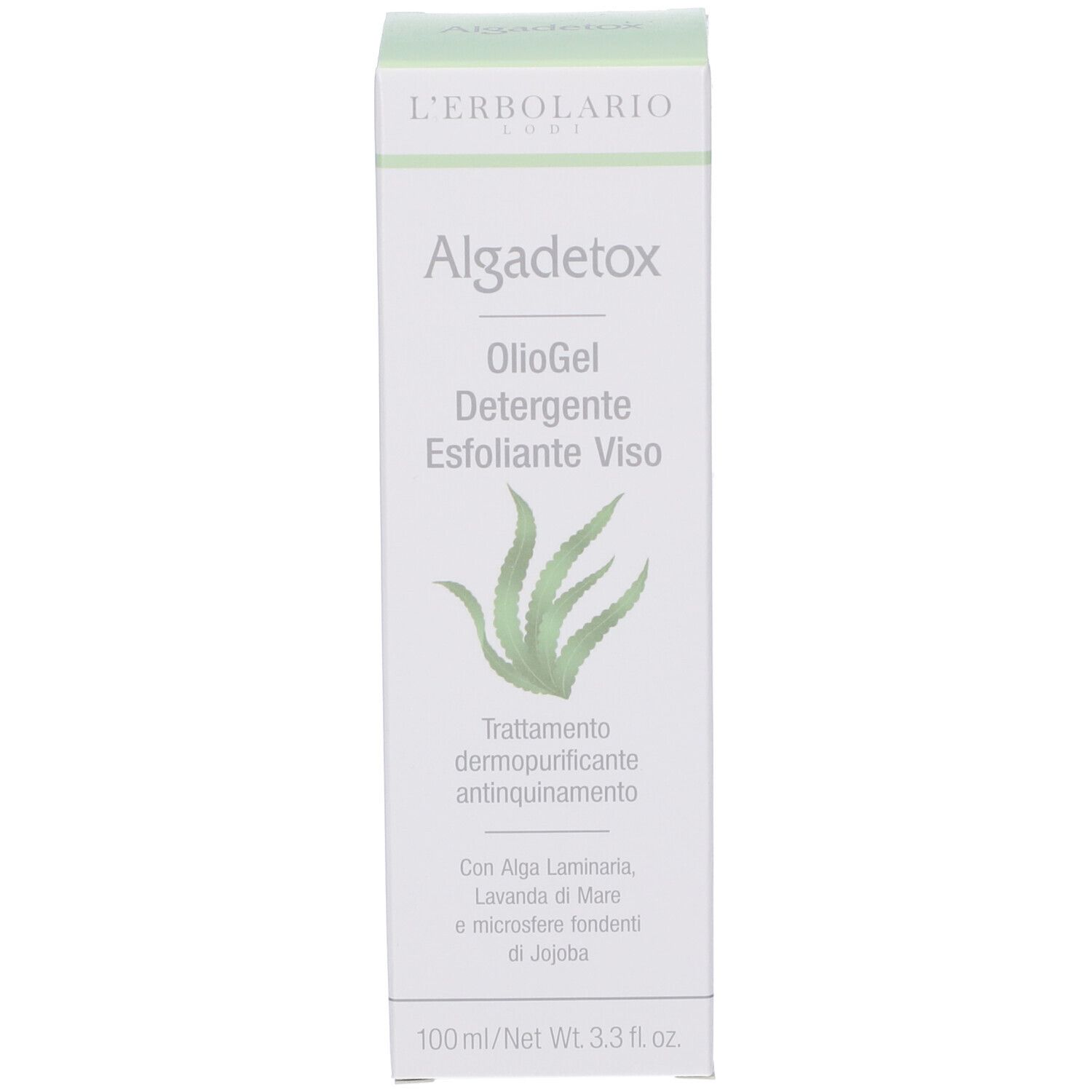 Scatola bianca con nome e logo del prodotto. Testo: Algadetox, OiloGel Detergente Esfoliante Viso. Grafica aloe vera.