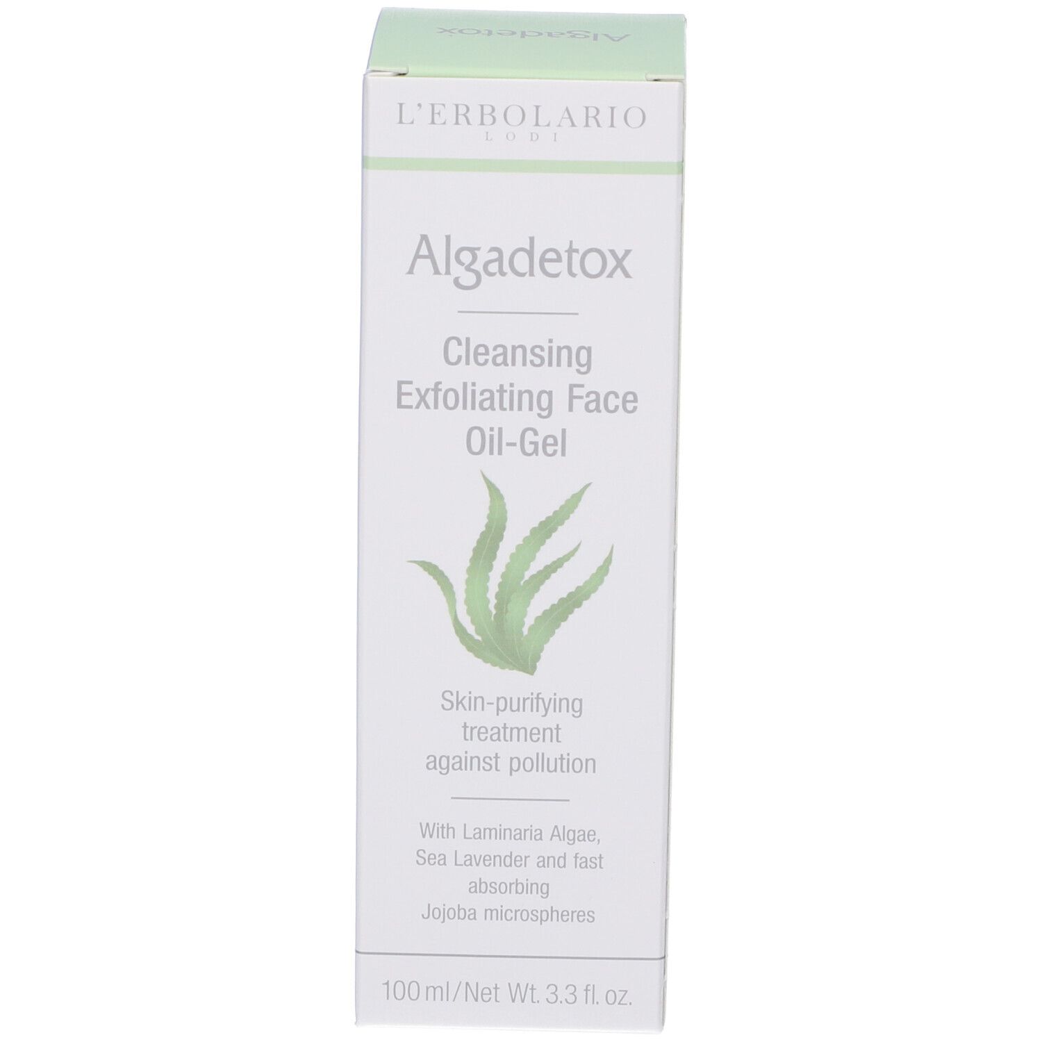 Scatola bianca con nome e logo del prodotto. Testo: Algadetox, Cleansing Exfoliating Face Oil-Gel. Grafica aloe vera.