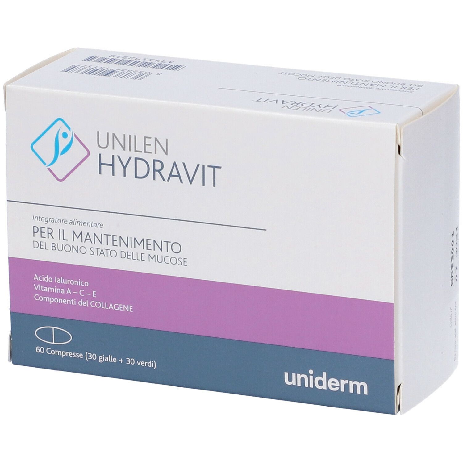 Scatola di Unilen Hydravit. Scritto: Integratore alimentare. Contiene acido ialuronico, vitamine A-C-E e componenti del collagene. 60 compresse.