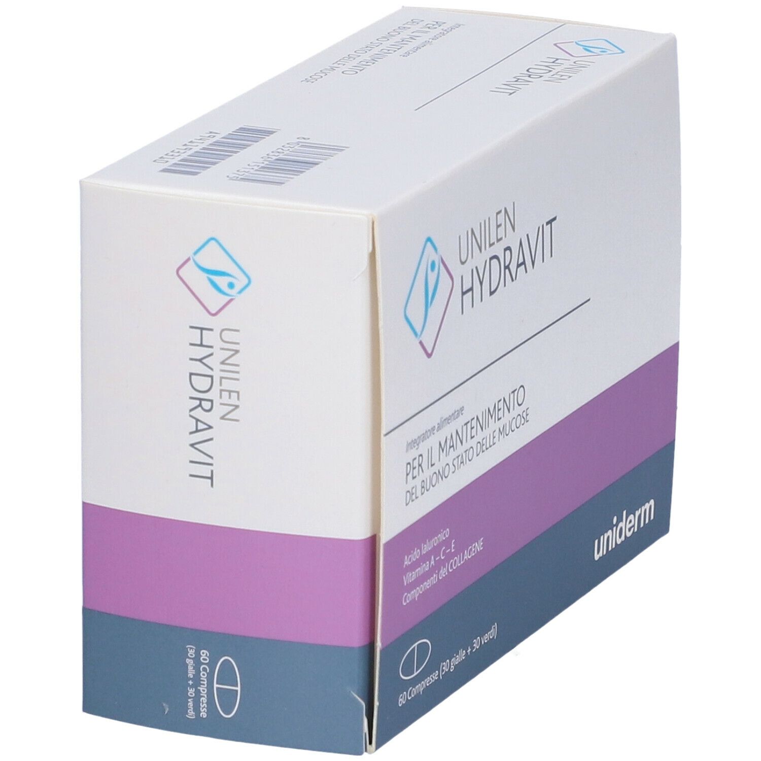 Scatola Unilen Hydravit, angolata. Scritto: Integratore alimentare. Contiene acido ialuronico, vitamine A-C-E e componenti del collagene. 60 compresse.