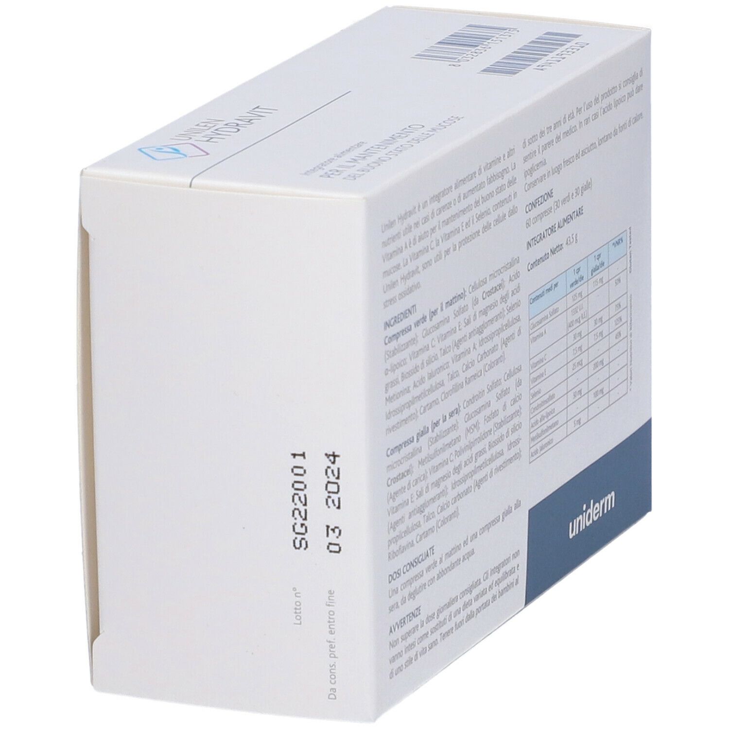 Scatola Unilen Hydravit, angolata, retro. Ingredienti e data di scadenza. Logo Uniderm.