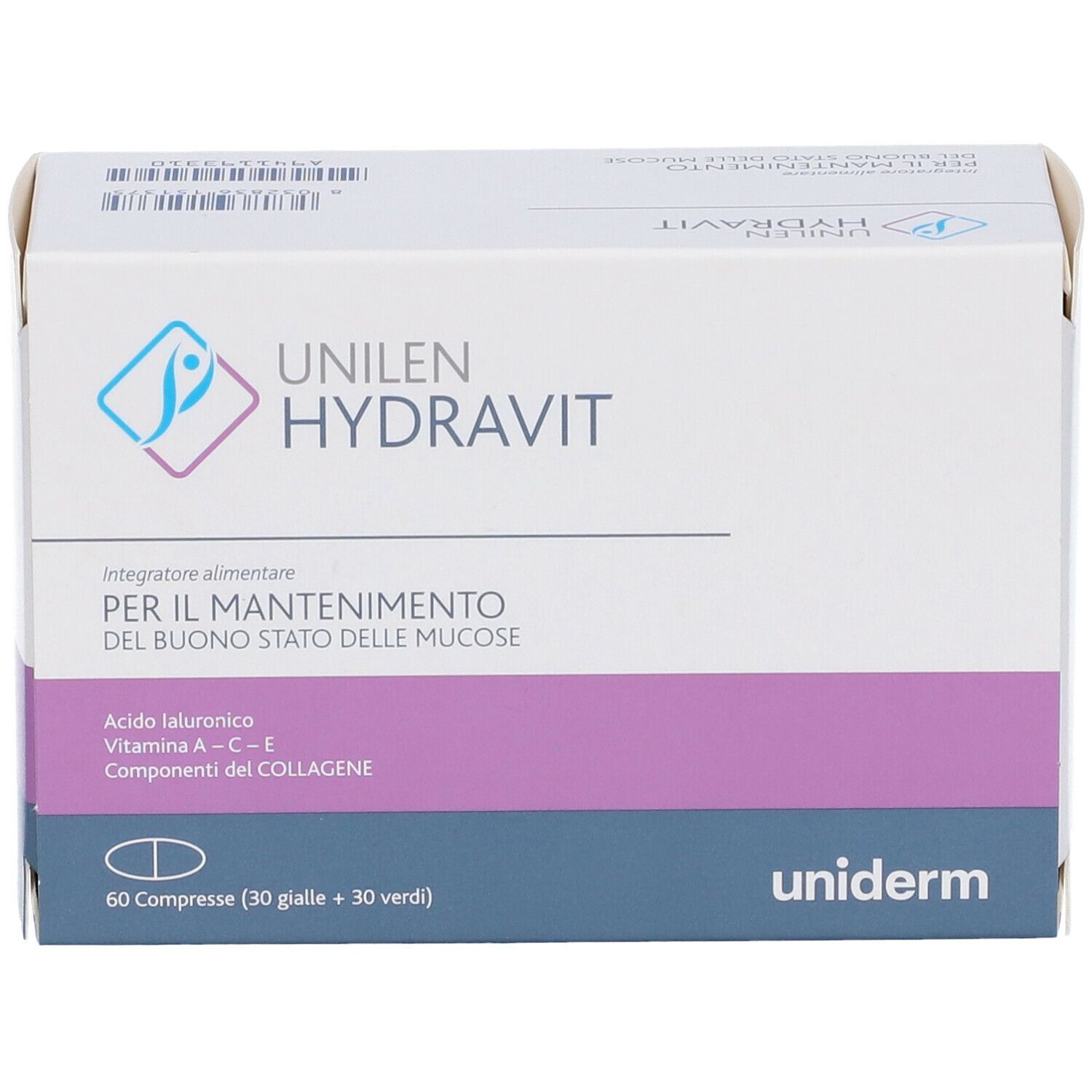 Scatola di Unilen Hydravit. Scritto: Integratore alimentare. Contiene acido ialuronico, vitamine A-C-E e componenti del collagene. 60 compresse.