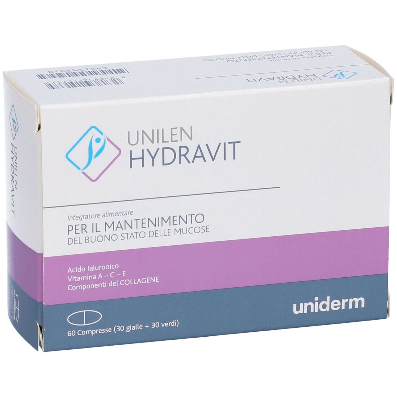 Scatola di Unilen Hydravit. Scritto: Integratore alimentare. Contiene acido ialuronico, vitamine A-C-E e componenti del collagene. 60 compresse.