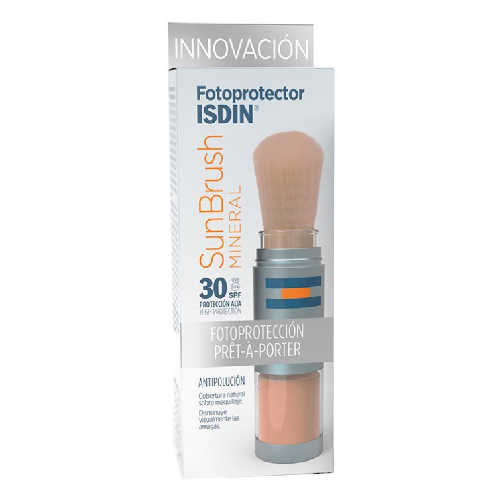 Pennello solare minerale ISDIN SPF 30. Confezione. Pennello e contenitore grigio e beige. Protezione solare.