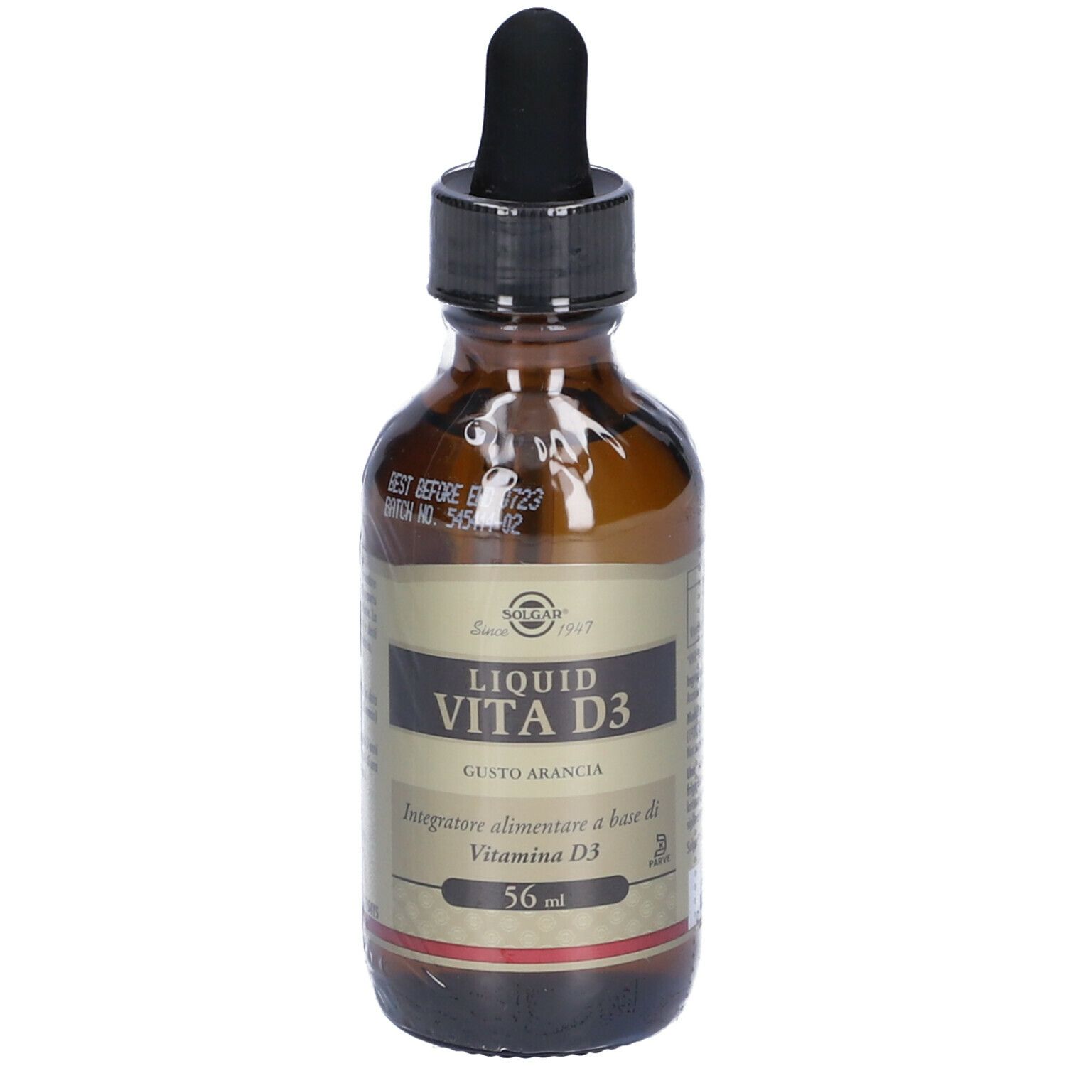 Flacone di vetro marrone con contagocce nero. Scritta: Liquid Vita D3, 56 ml. Gusto arancia. Marchio: Solgar.