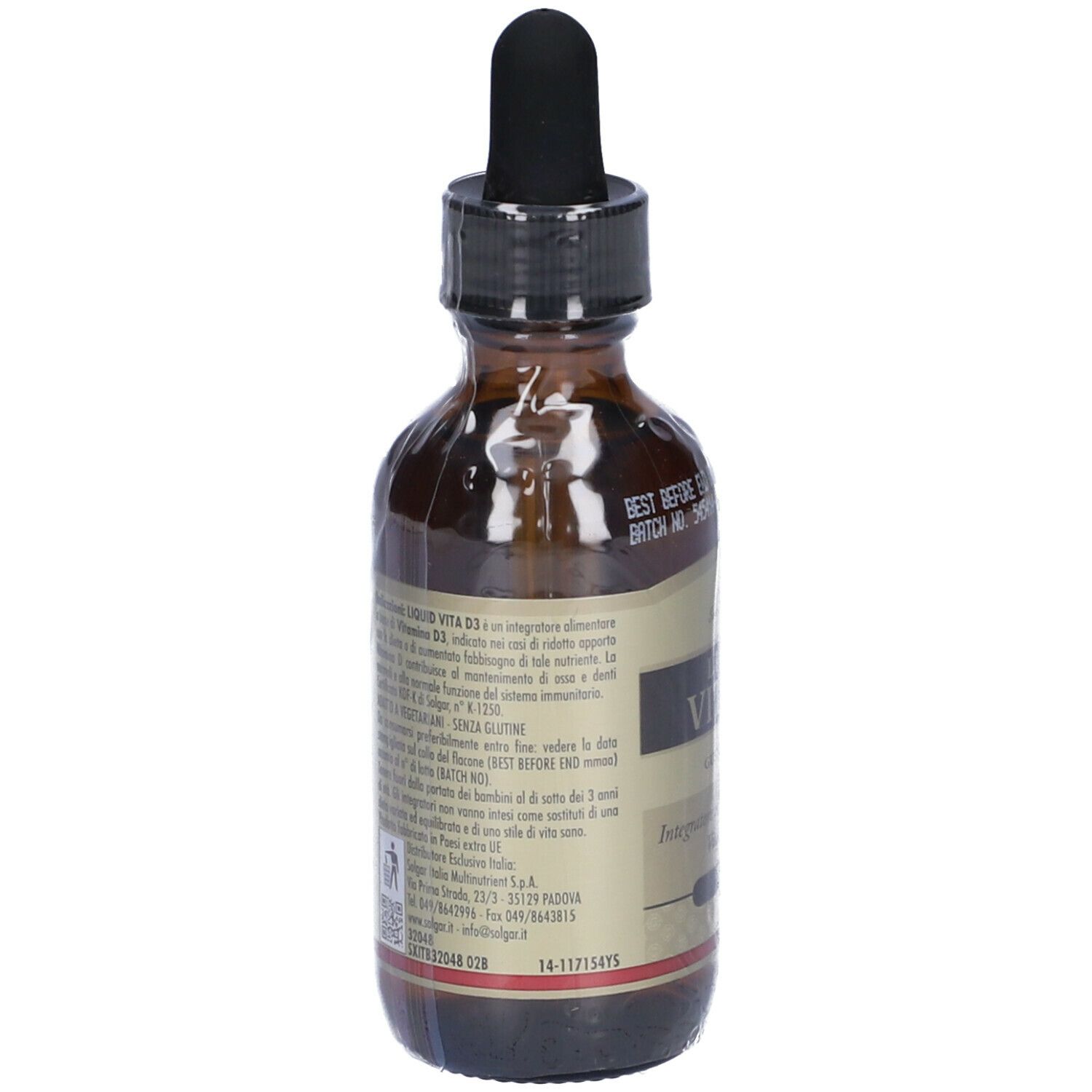 Flacone di vetro marrone con contagocce nero. Etichetta con testo. Marchio: Solgar. Scritta: Liquid Vita D3. Dettagli della composizione.