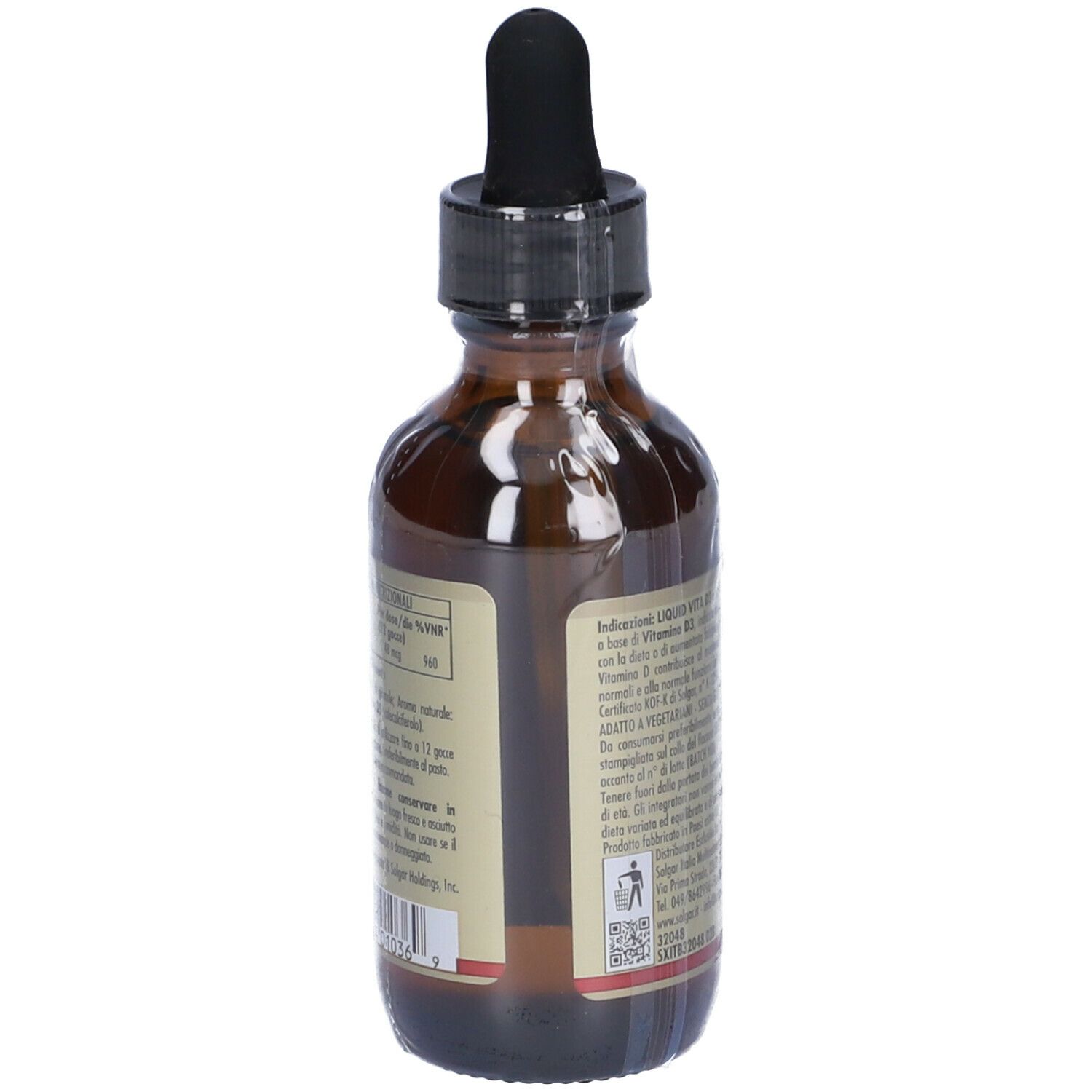 Flacone di vetro marrone con contagocce nero. Etichetta con testo. Marchio: Solgar. Scritta: Liquid Vita D3. Dettagli della composizione.