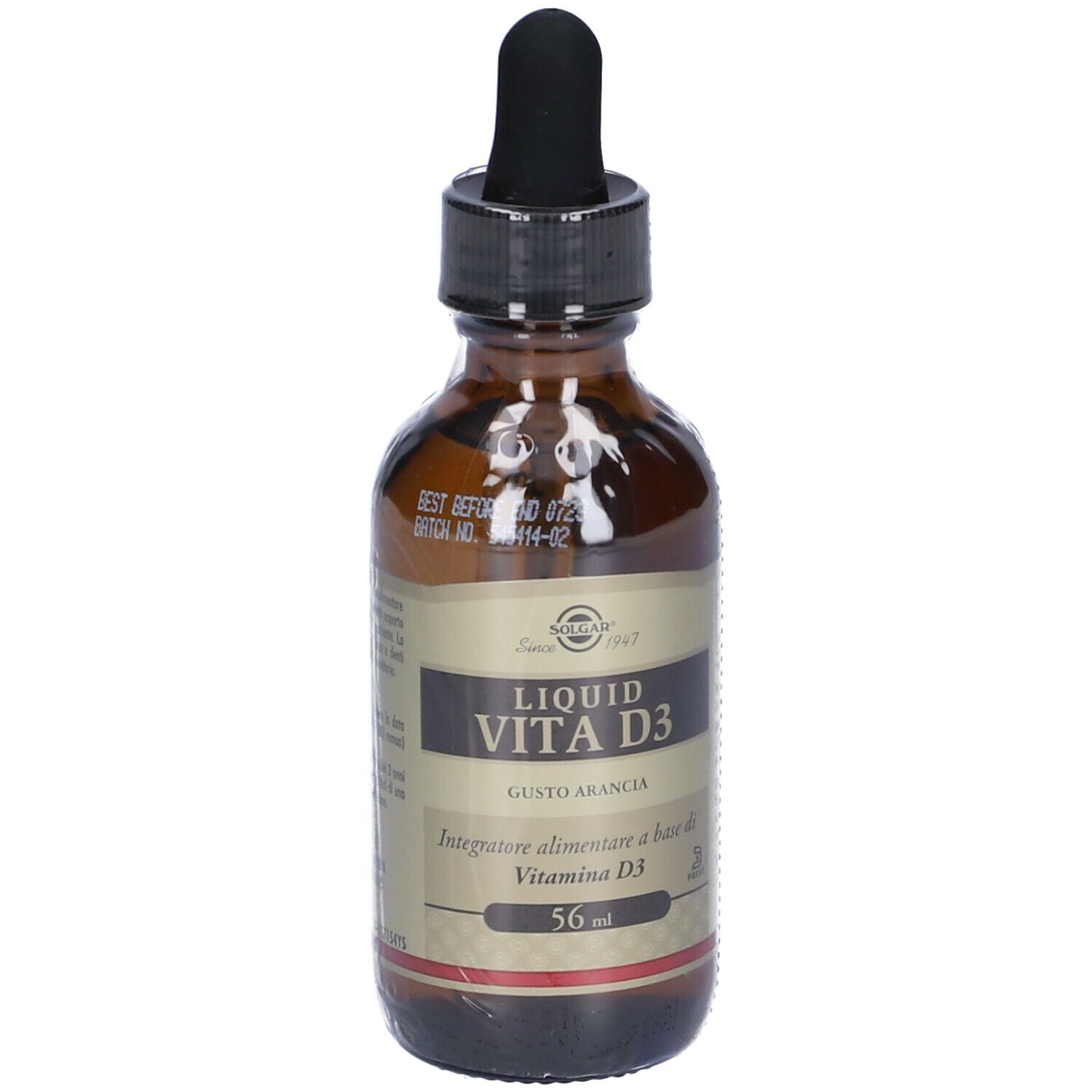 Flacone di vetro marrone con contagocce nero. Scritta: Liquid Vita D3, 56 ml. Gusto arancia. Marchio: Solgar.