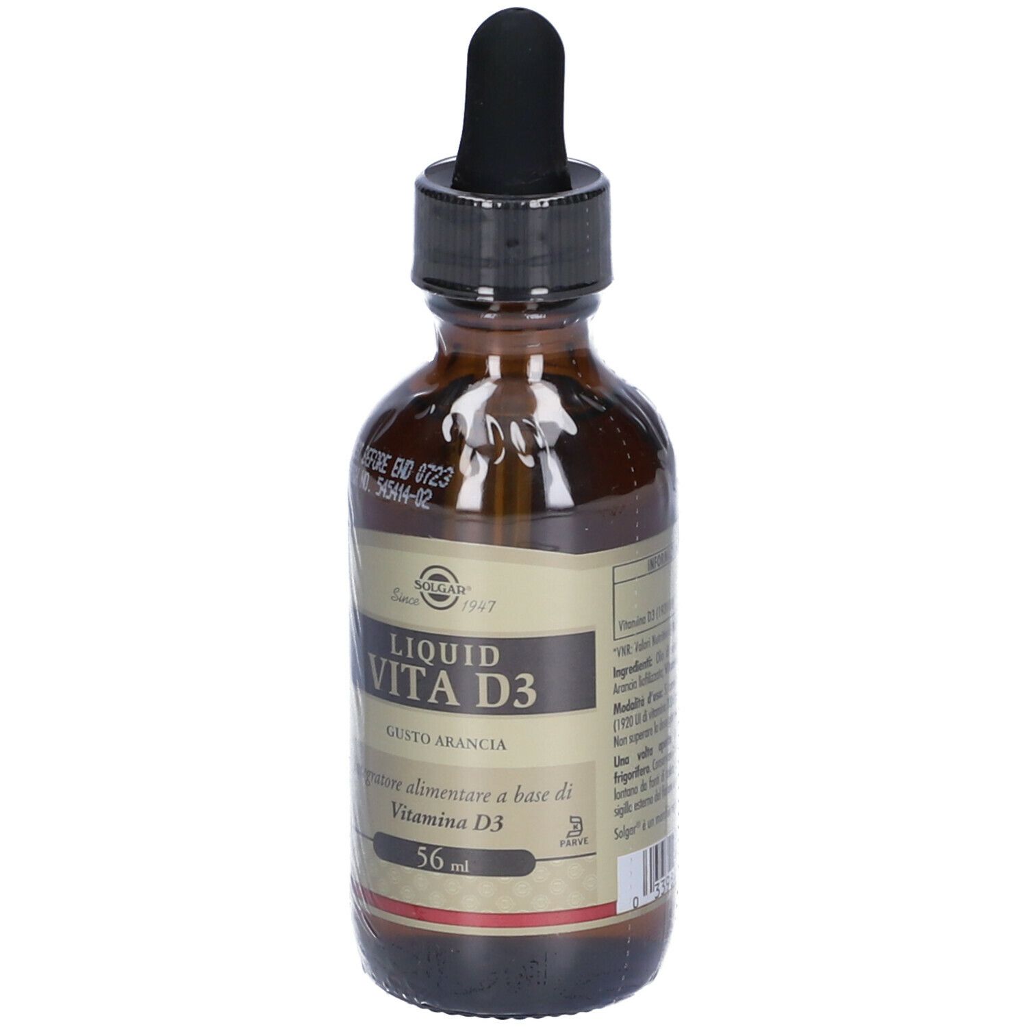Flacone di vetro marrone con contagocce nero. Scritta: Liquid Vita D3, 56 ml. Gusto arancia. Marchio: Solgar.