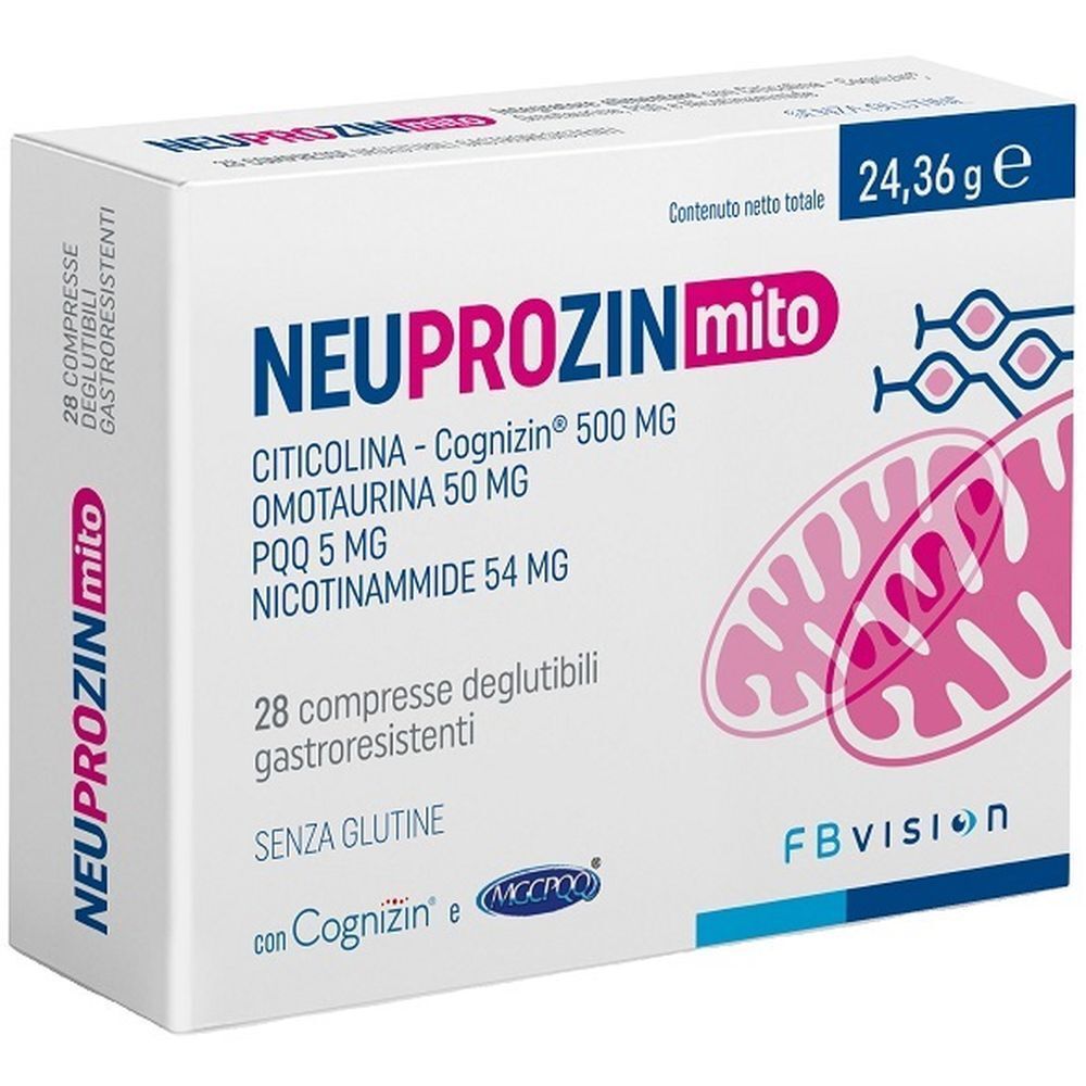 Scatola di compresse "NEUPROZIN mito". Contiene Citicolina, Omotaurina, PQQ e Nicotinammide. 28 compresse gastroresistenti.