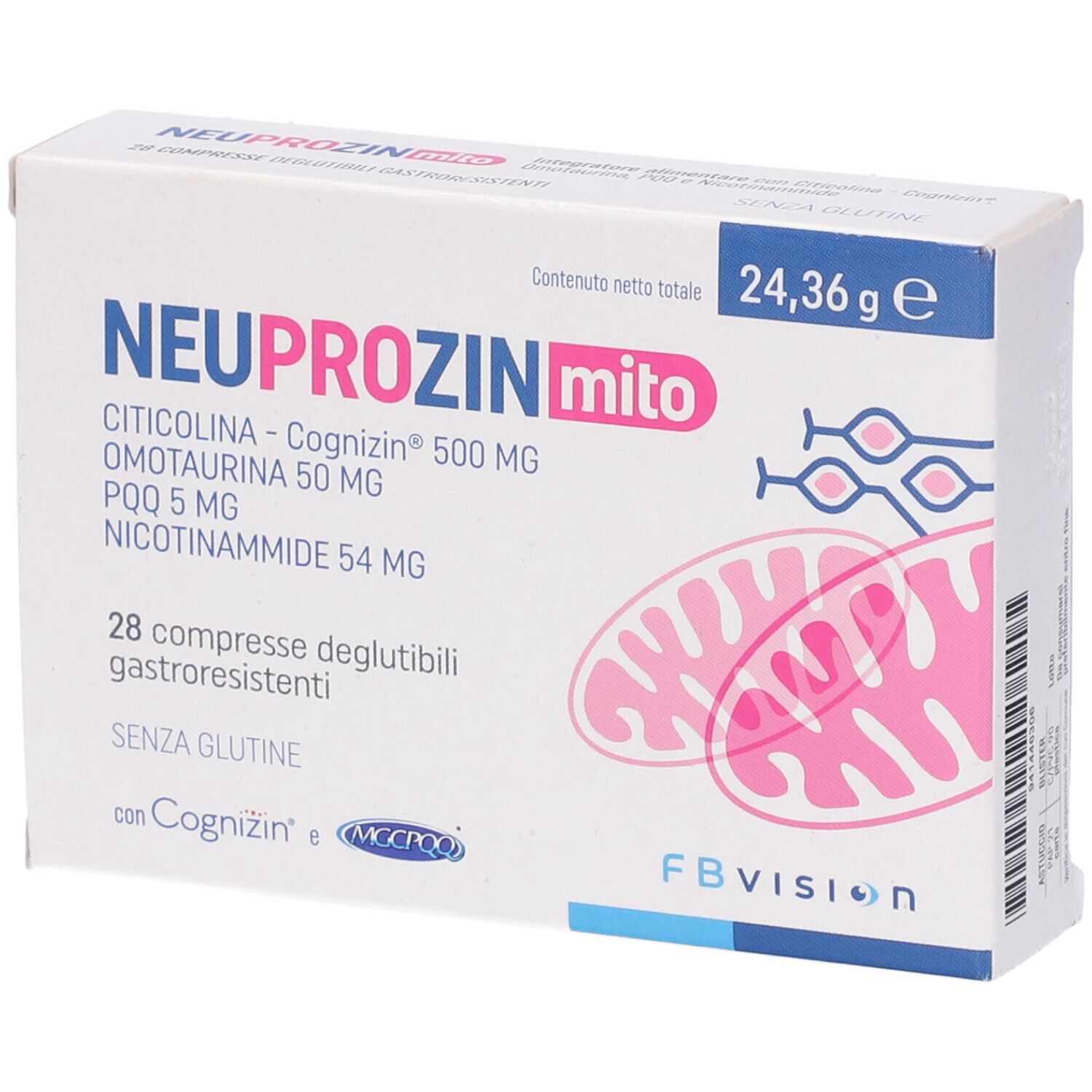Scatola di compresse "NEUPROZIN mito". Contiene Citicolina, Omotaurina, PQQ e Nicotinammide. 28 compresse gastroresistenti.