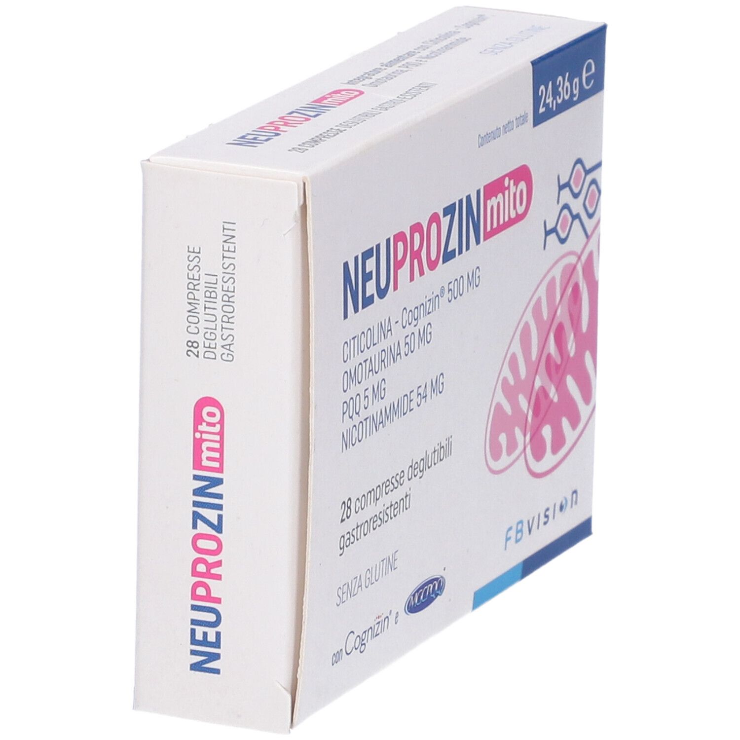 Scatola di compresse "NEUPROZIN mito". Contiene Citicolina, Omotaurina, PQQ e Nicotinammide. 28 compresse gastroresistenti.