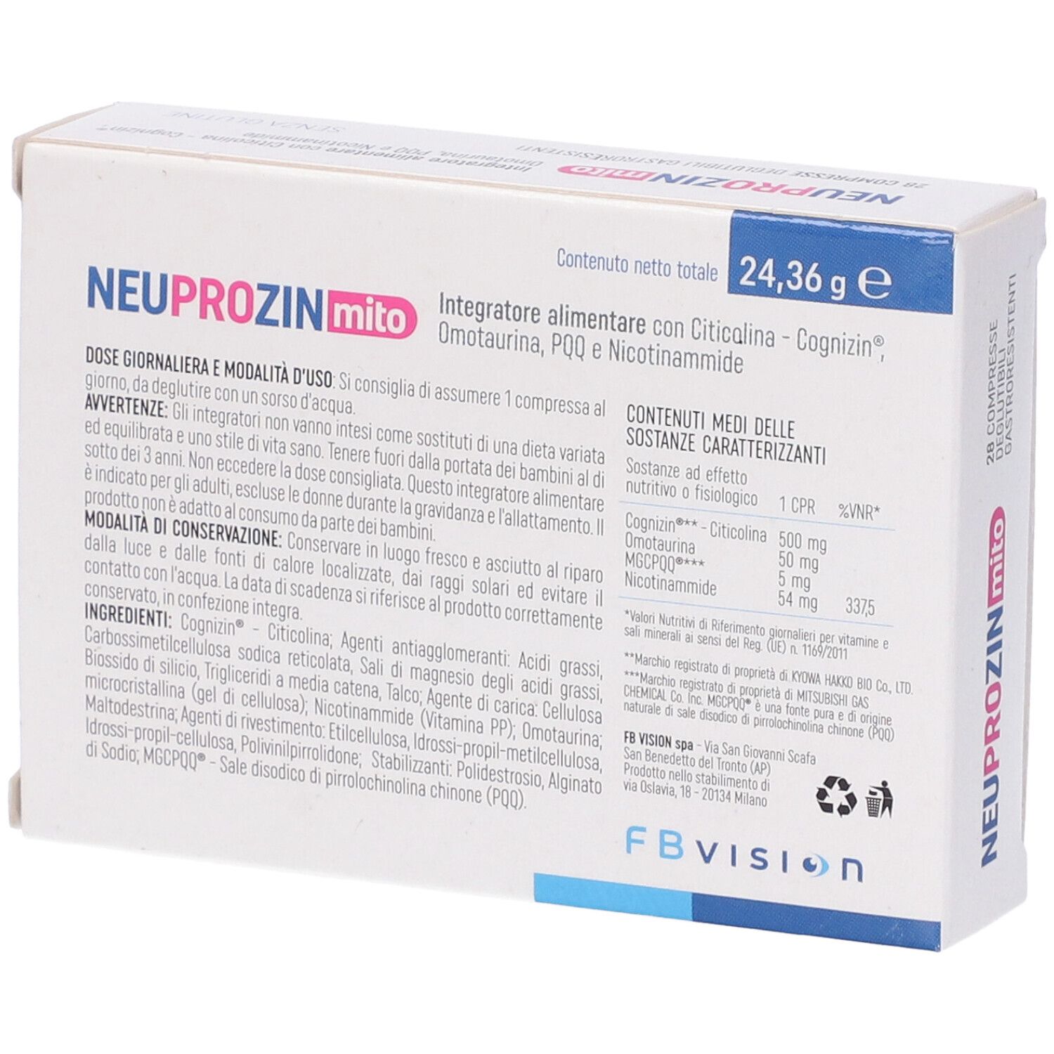 Scatola di compresse "NEUPROZIN mito". Contiene Citicolina, Omotaurina, PQQ e Nicotinammide. 28 compresse gastroresistenti.