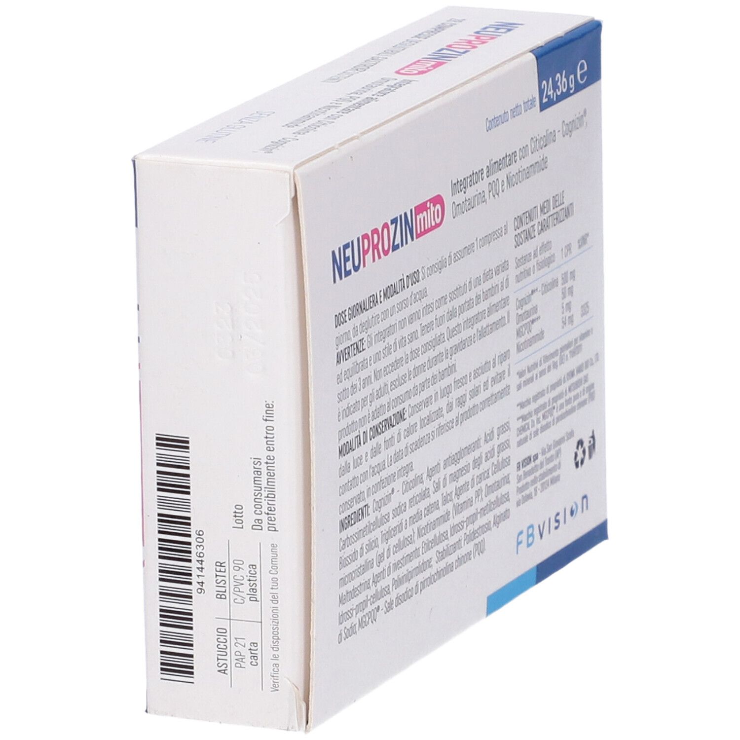 Scatola di compresse "NEUPROZIN mito". Contiene Citicolina, Omotaurina, PQQ e Nicotinammide. 28 compresse gastroresistenti.