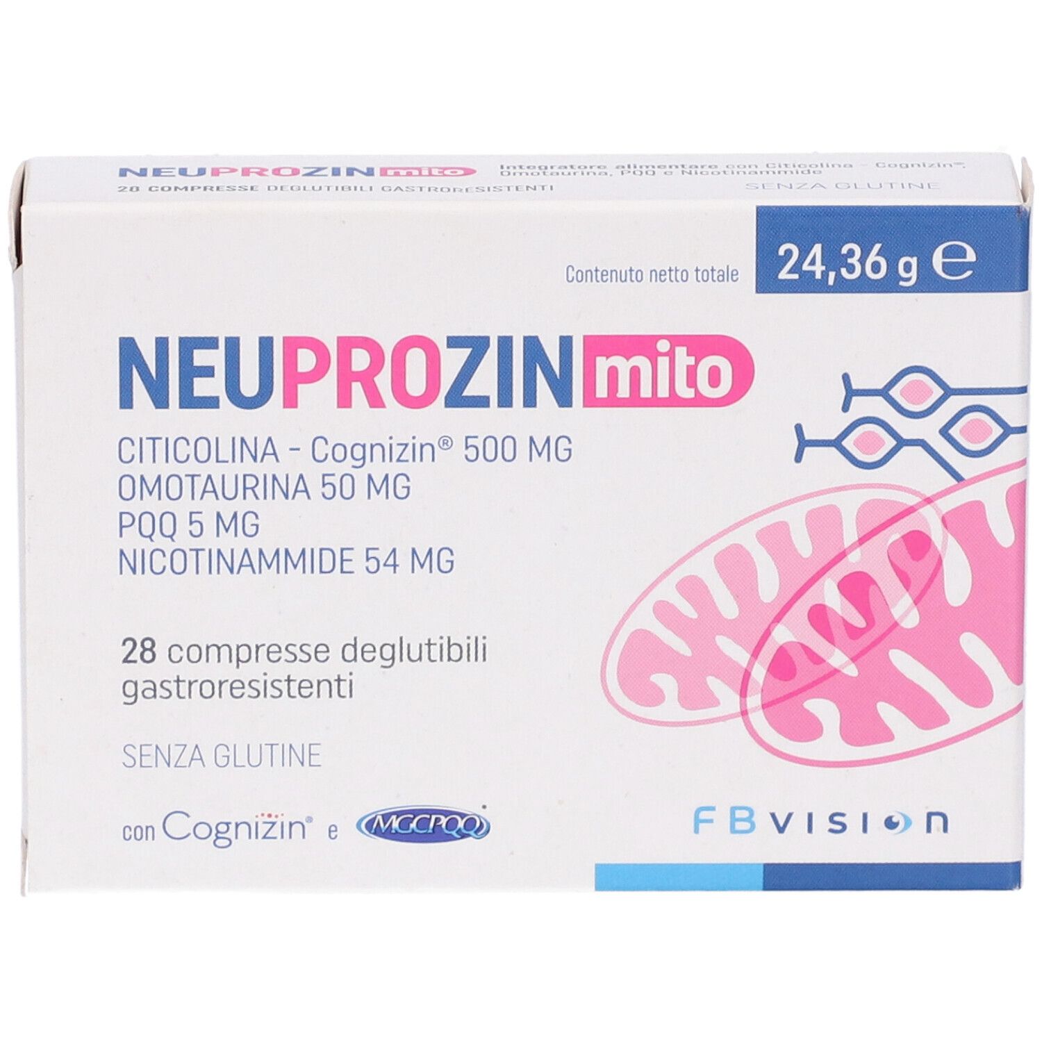 Scatola di compresse "NEUPROZIN mito". Contiene Citicolina, Omotaurina, PQQ e Nicotinammide. 28 compresse gastroresistenti.