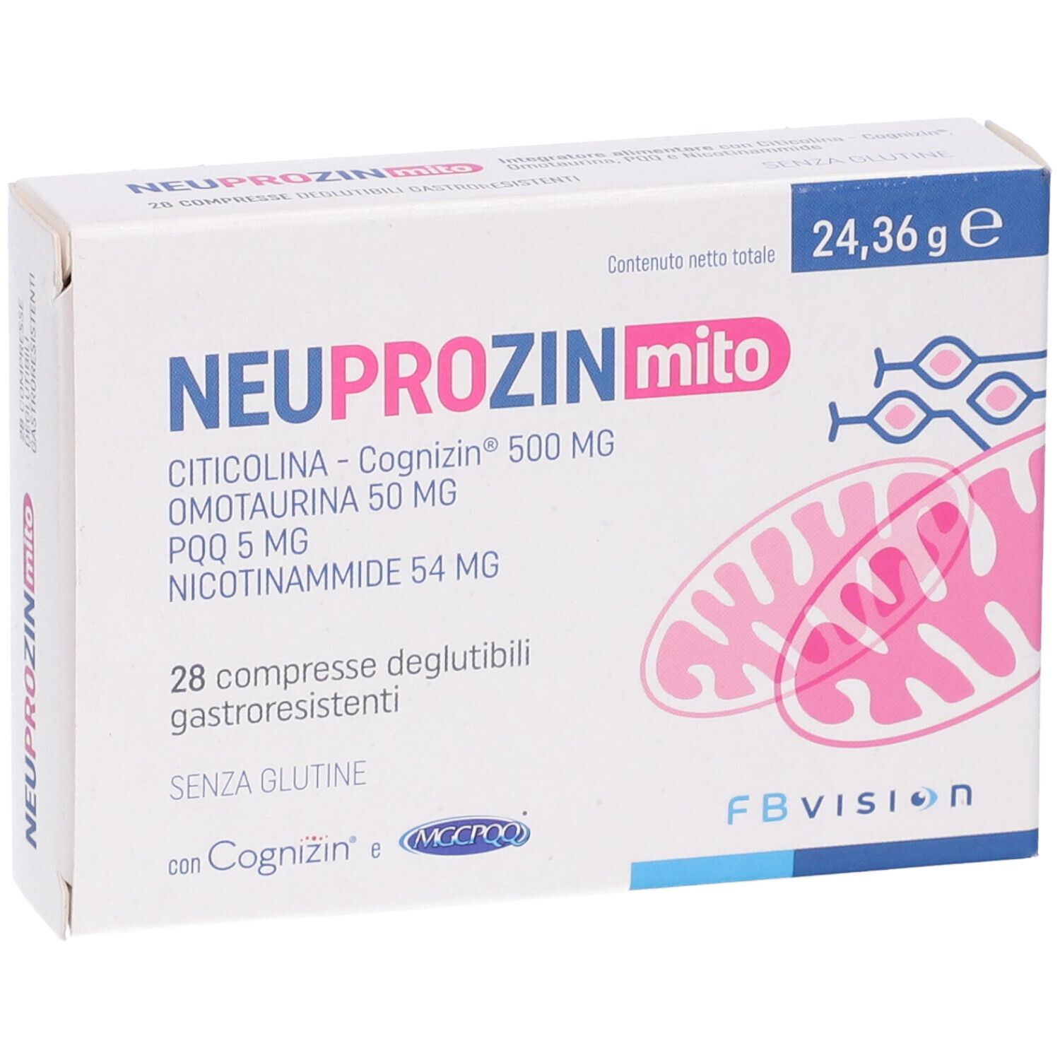 Scatola di compresse "NEUPROZIN mito". Contiene Citicolina, Omotaurina, PQQ e Nicotinammide. 28 compresse gastroresistenti.