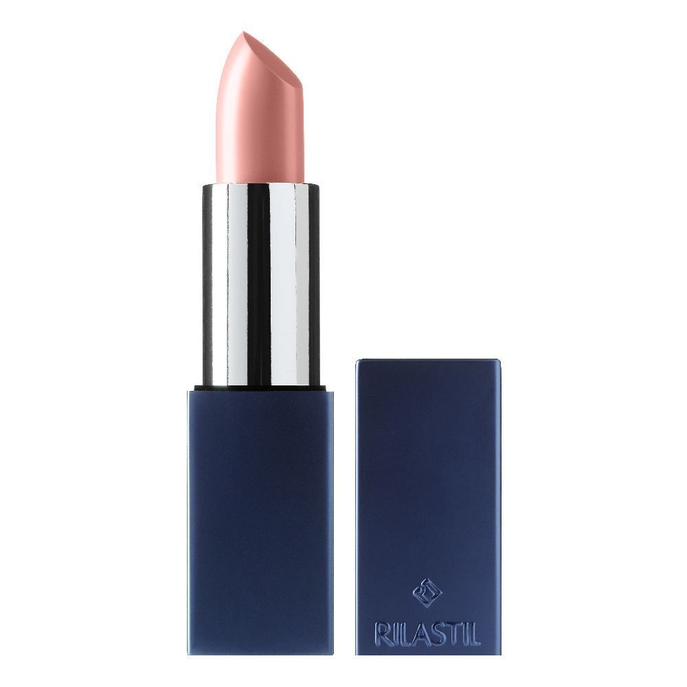 Rossetto rosa chiaro con astuccio blu scuro. Il cappuccio è accanto. Il nome "Rilastil" è visibile sul cappuccio.