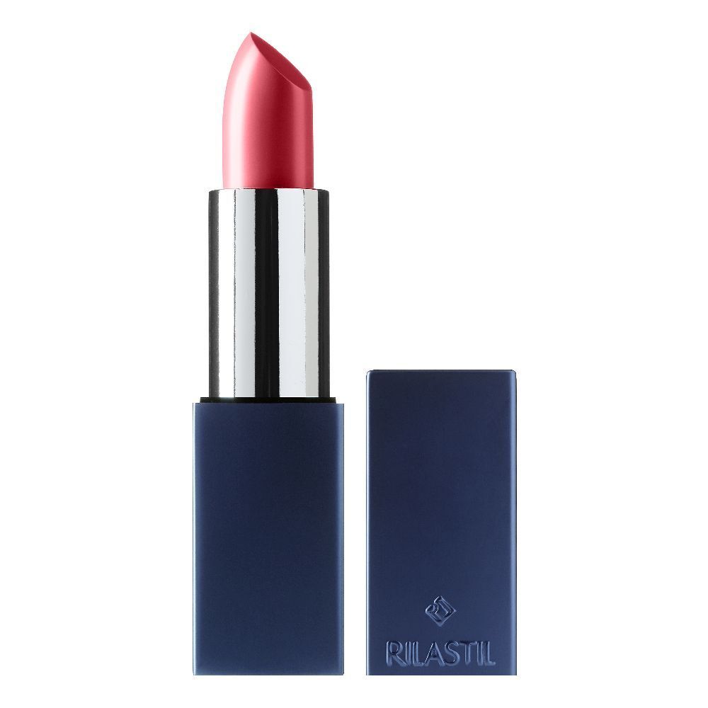 Rossetto rosa, astuccio argentato e astuccio blu scuro. Il cappuccio è accanto. Rilastil è scritto sull'astuccio.