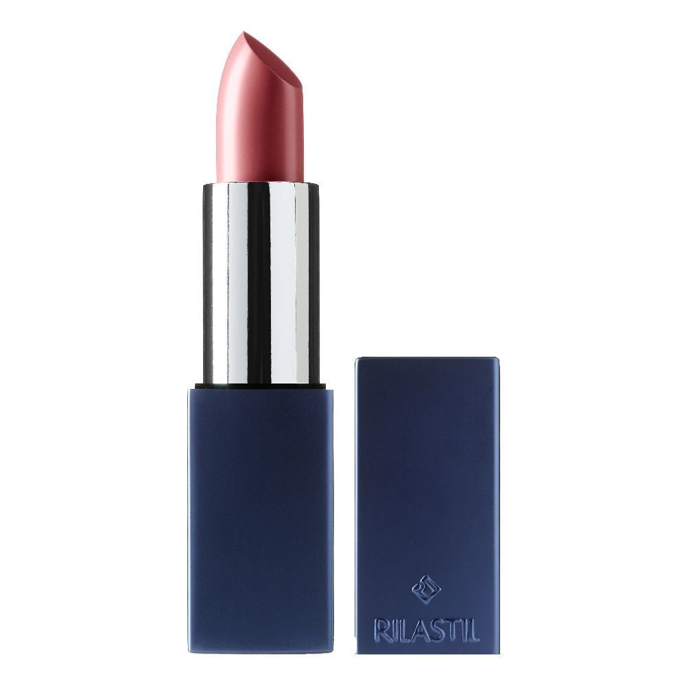 Rossetto rosa con astuccio blu scuro. Parte metallica argentata. Tappo accanto. Logo Rilastil.