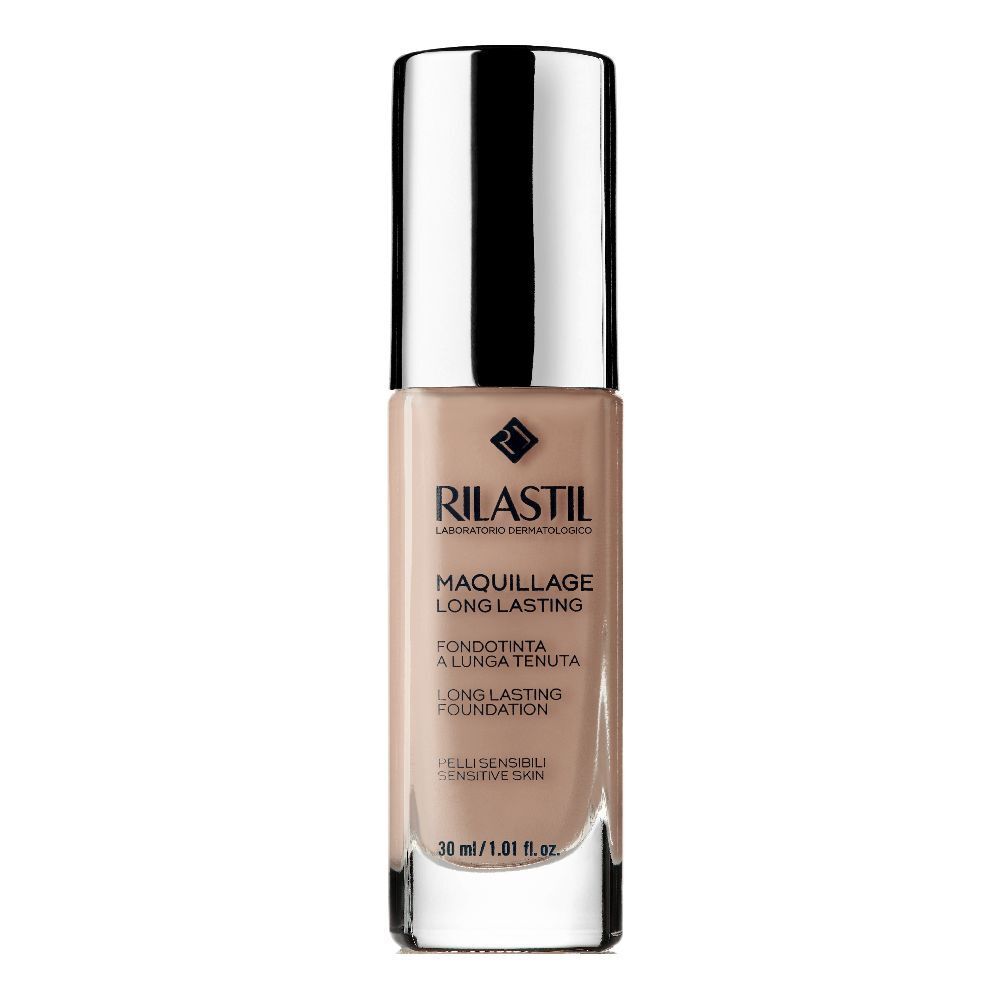 Flacone di fondotinta beige con tappo argentato. Scritte: Rilastil, Maquillage Long Lasting, Fondotinta, Long Lasting Foundation.