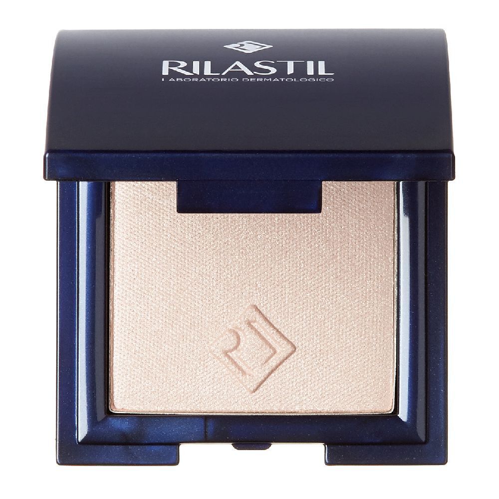 Ombretto chiaro in confezione compatta blu scuro. Visibile il marchio "Rilastil".
