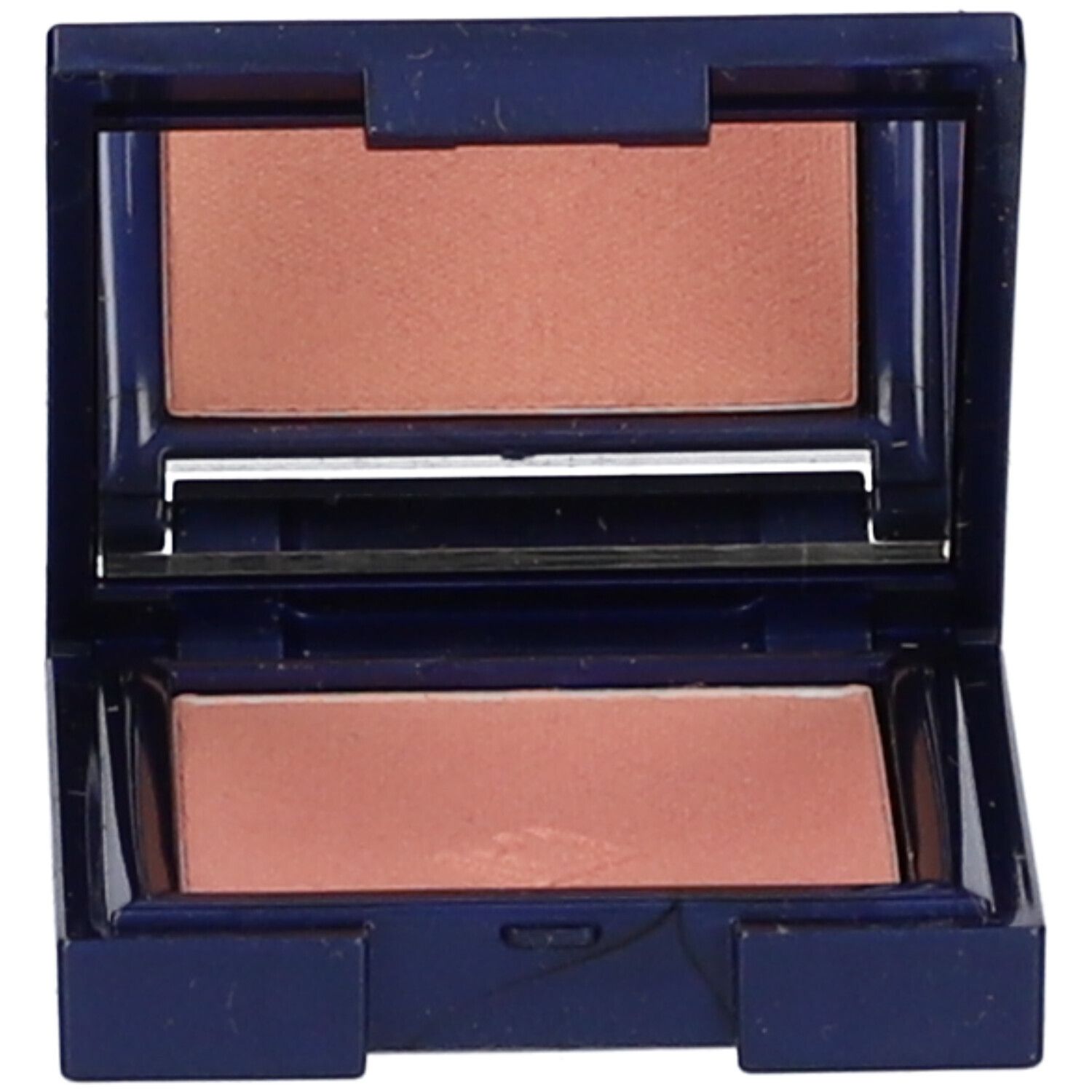 Astuccio cosmetico blu con specchio e ombretto. L'ombretto è marrone chiaro.