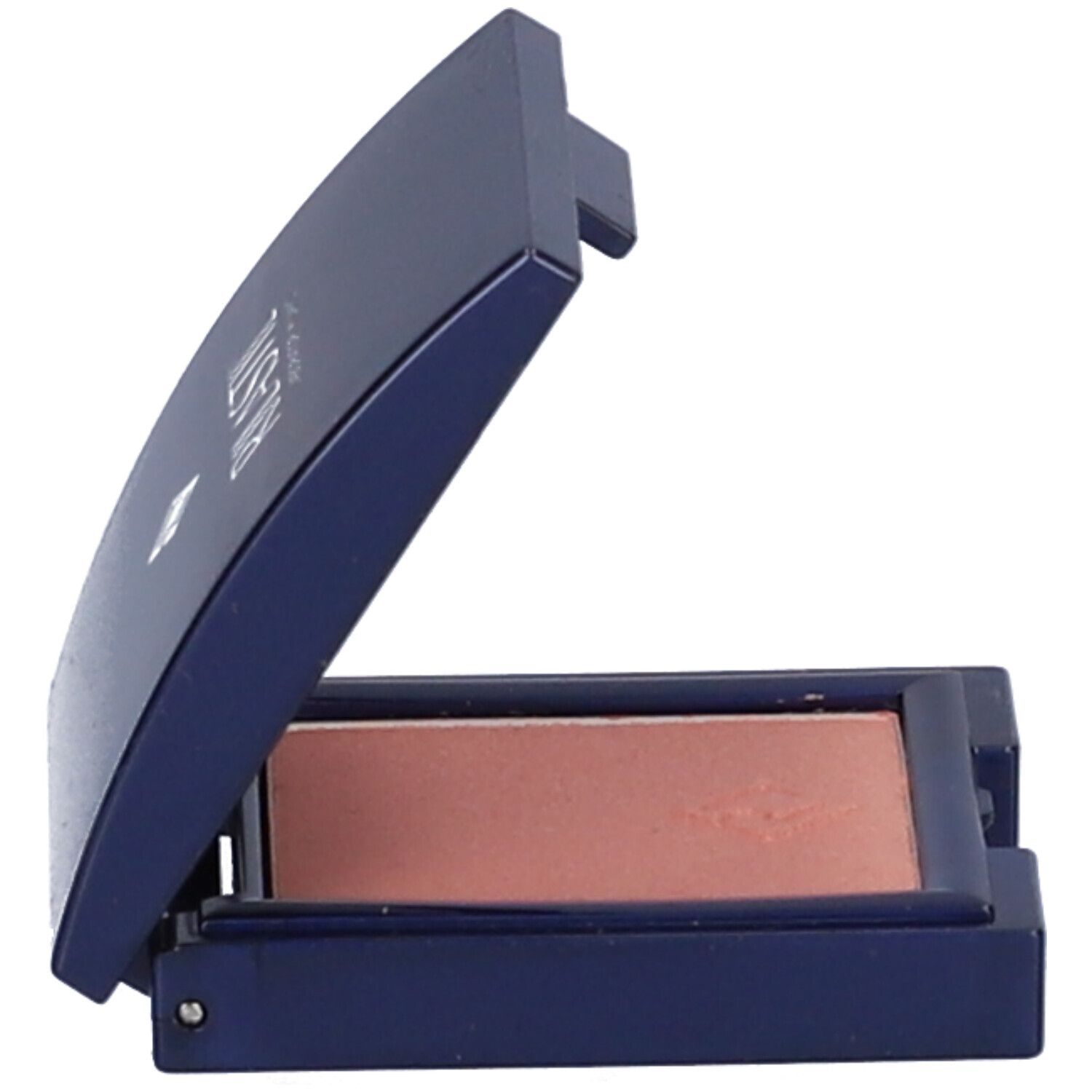 Astuccio cosmetico blu con coperchio aperto. L'ombretto è marrone chiaro.