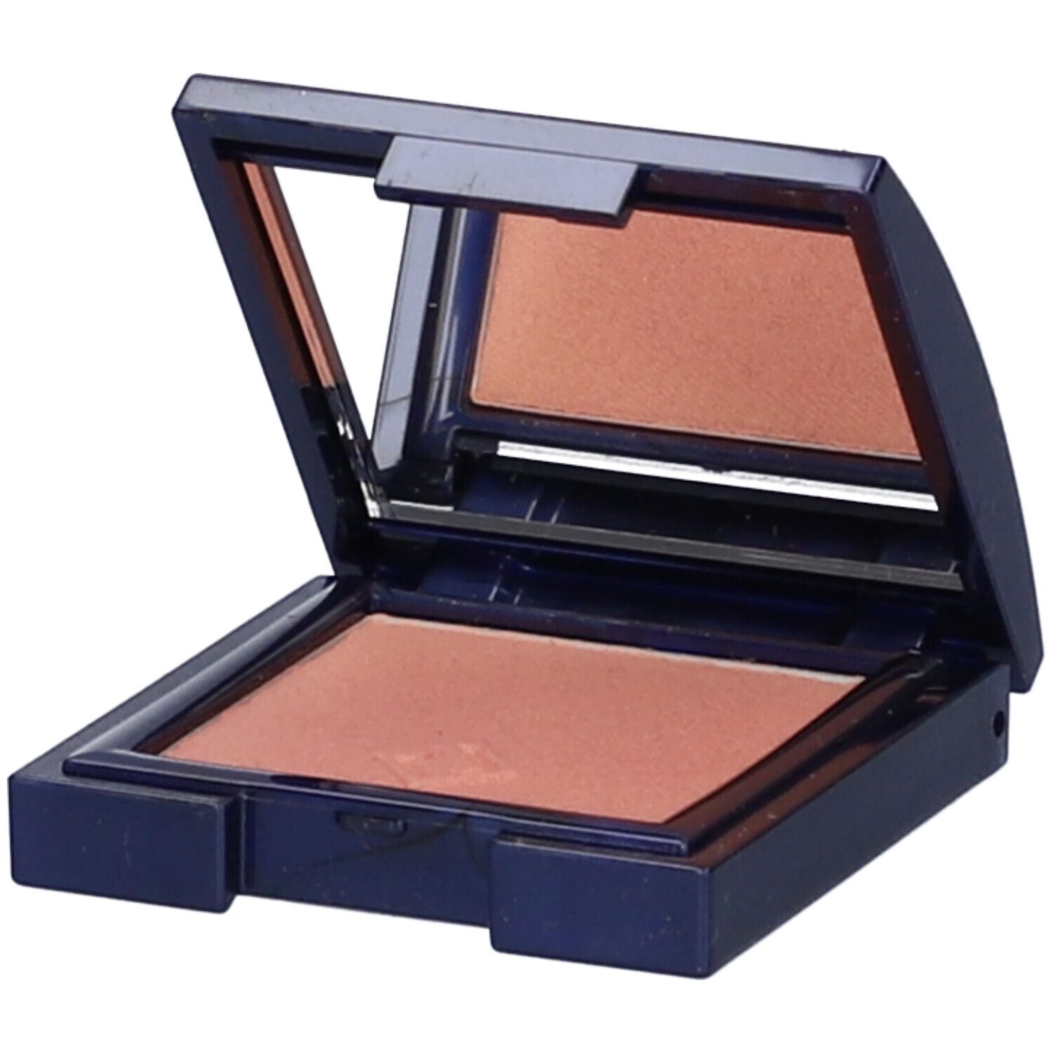 Astuccio cosmetico blu con specchio e ombretto. L'ombretto è marrone chiaro.