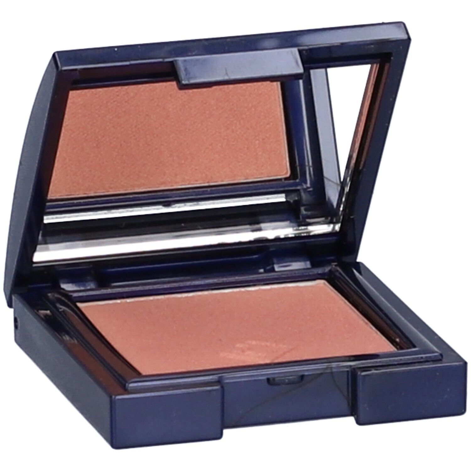 Astuccio cosmetico blu con specchio e ombretto. L'ombretto è marrone chiaro.