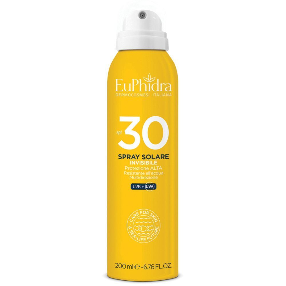 Flacone spray giallo con erogatore bianco. Scritta: Euphidra, SPF 30, Spray Solare Invisibile. Contiene UVB + UVA.
