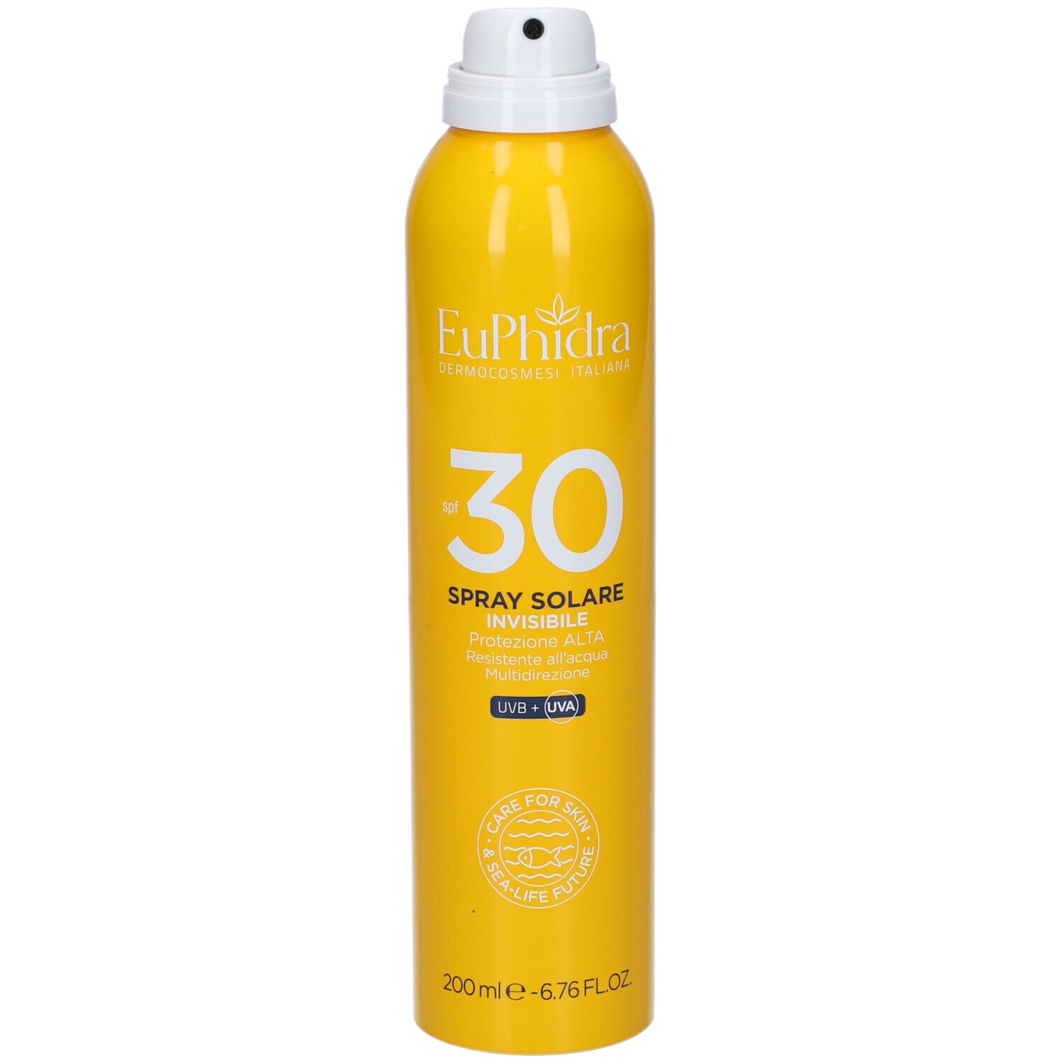 Flacone spray giallo con erogatore bianco. Scritta: Euphidra, SPF 30, Spray Solare Invisibile. Contiene UVB + UVA.