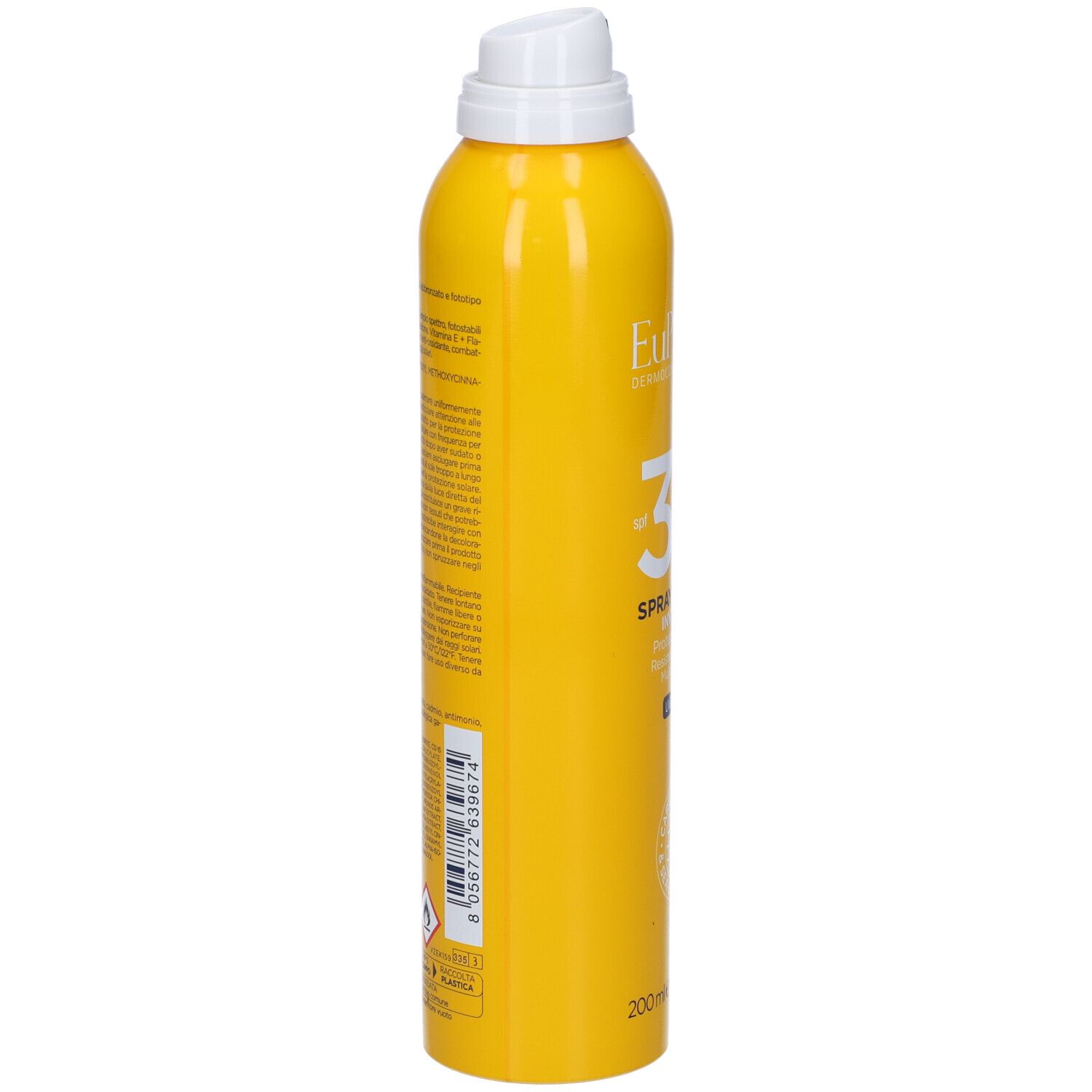 Flacone spray giallo con erogatore bianco. Testo e codice a barre sul lato. Contiene UVB + UVA.