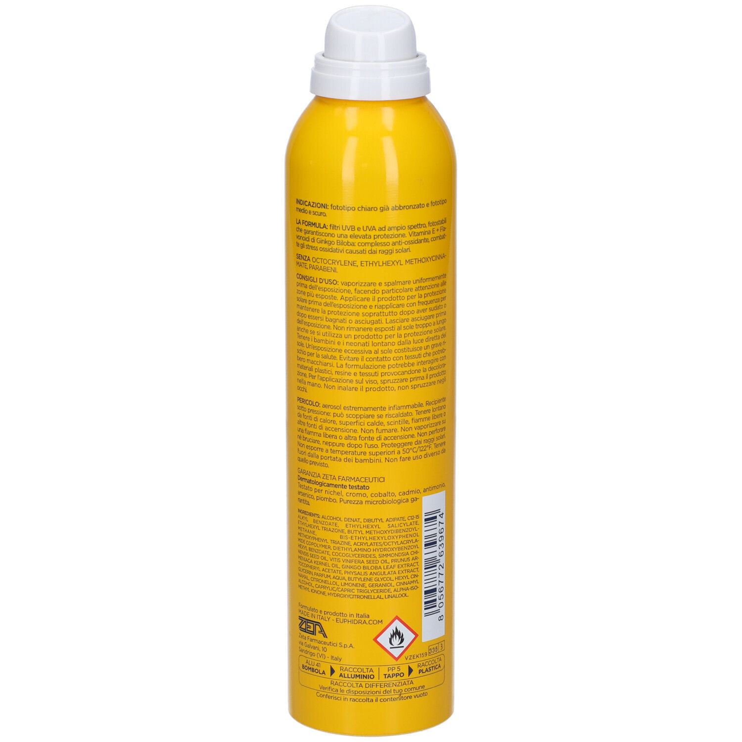 Flacone spray giallo con erogatore bianco. Testo sul retro. Contiene UVB + UVA.