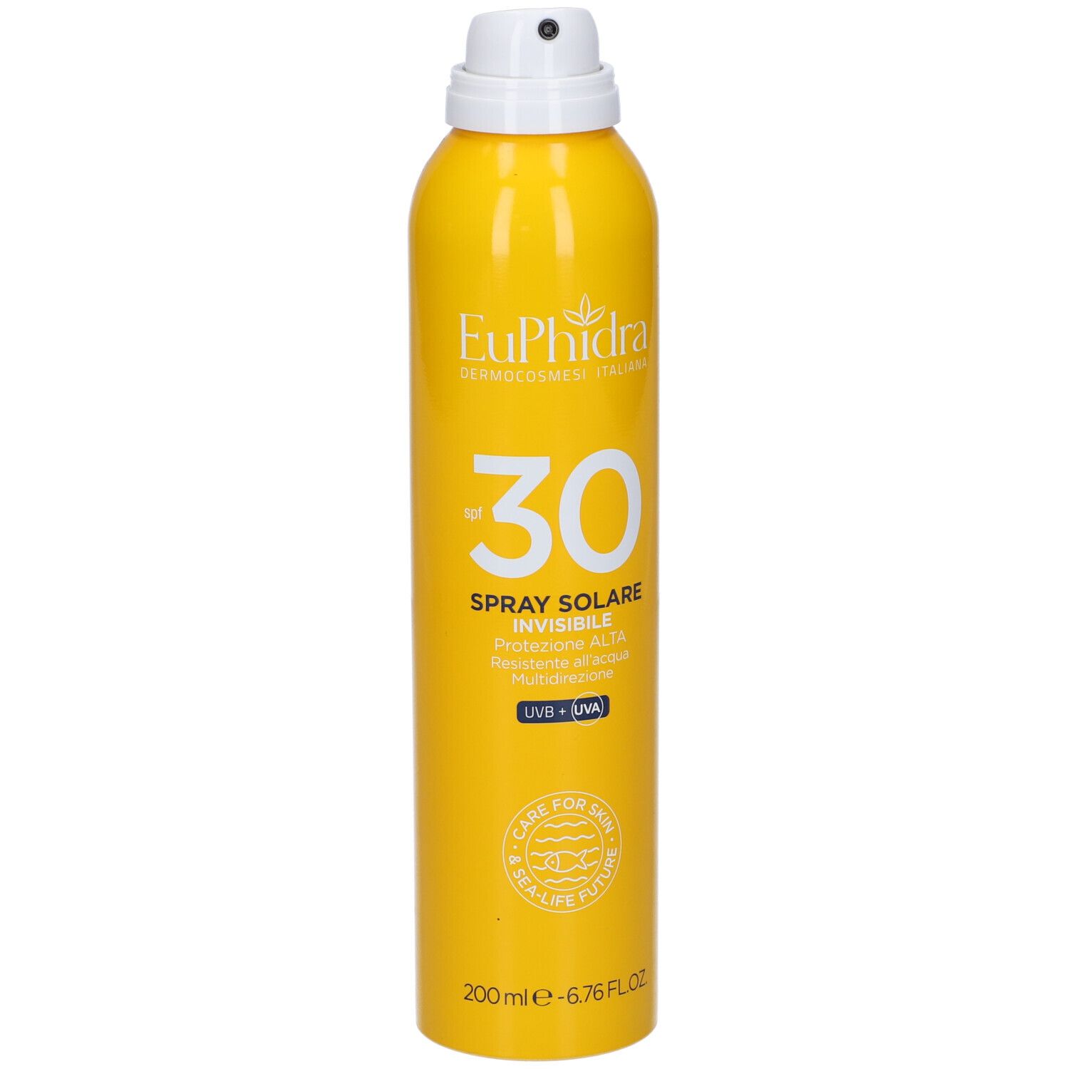 Flacone spray giallo con erogatore bianco. Scritta: Euphidra, SPF 30, Spray Solare Invisibile. Contiene UVB + UVA.