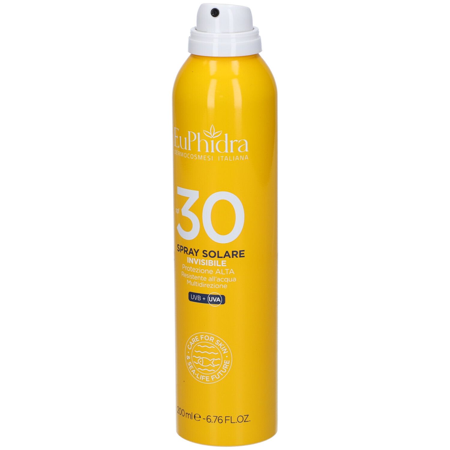 Flacone spray giallo con erogatore bianco. Scritta: Euphidra, SPF 30, Spray Solare Invisibile. Contiene UVB + UVA.