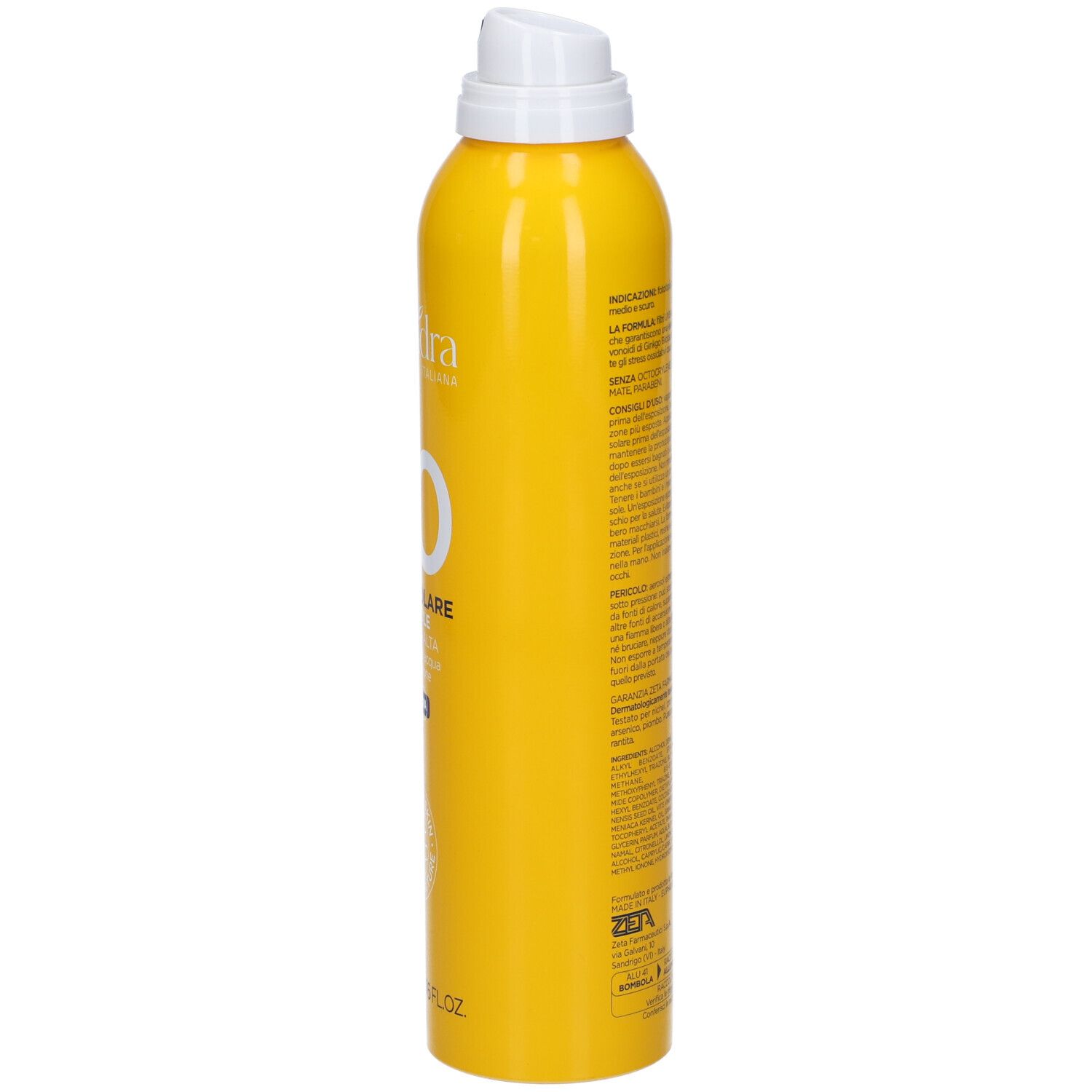 Flacone spray giallo con erogatore bianco. Testo sul lato. Contiene UVB + UVA.