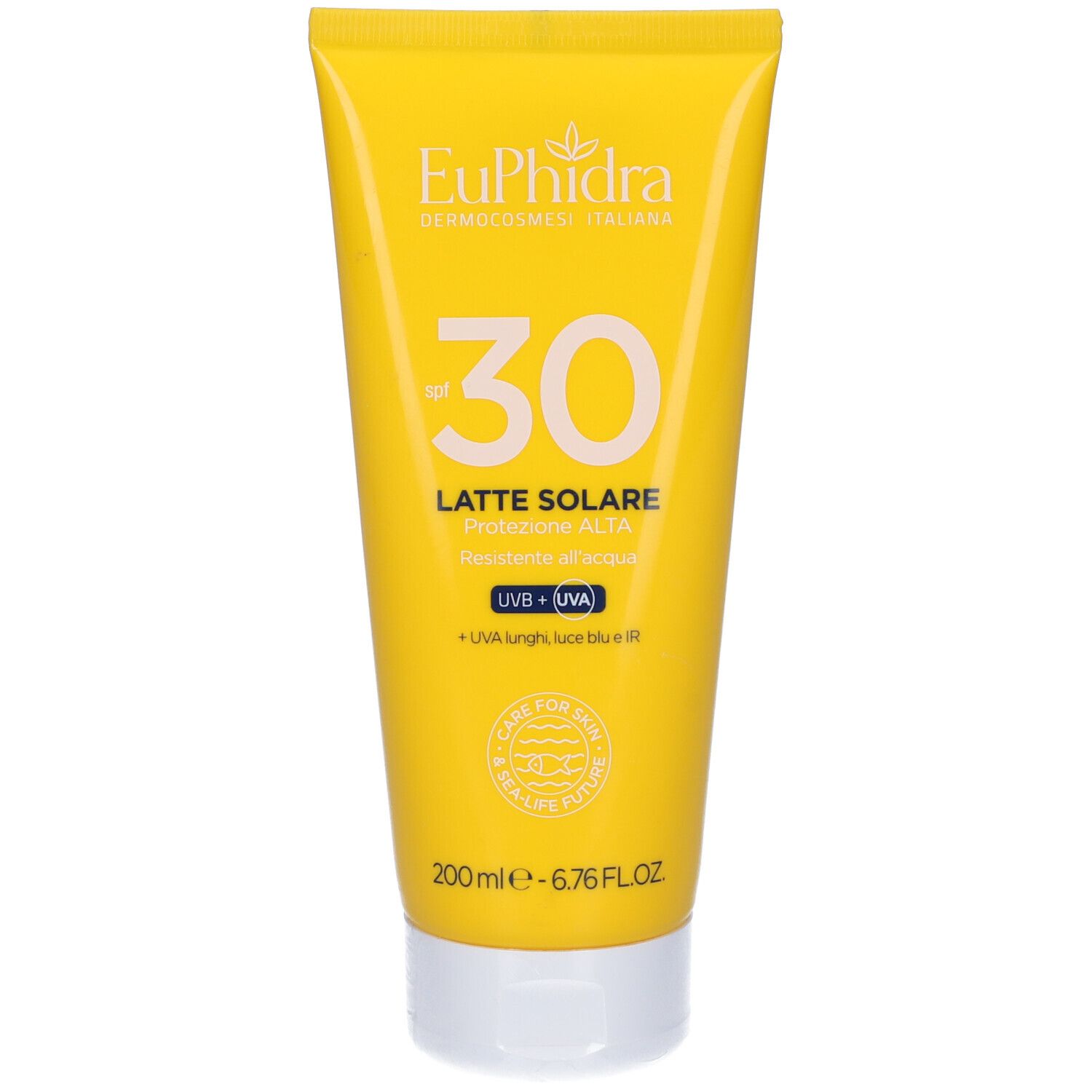 Tubo giallo 'Euphidra'. Scritta 'SPF 30' e 'Latte Solare'. Protezione UVA+UVB. Contenuto 200ml.