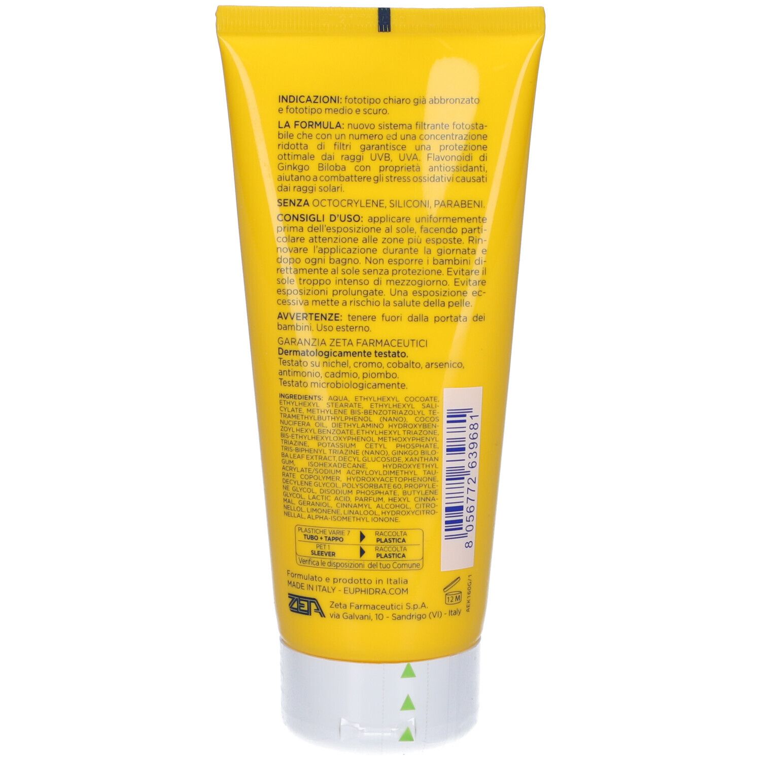 Retro del tubo giallo. Testo in italiano. Informazioni su ingredienti e utilizzo.