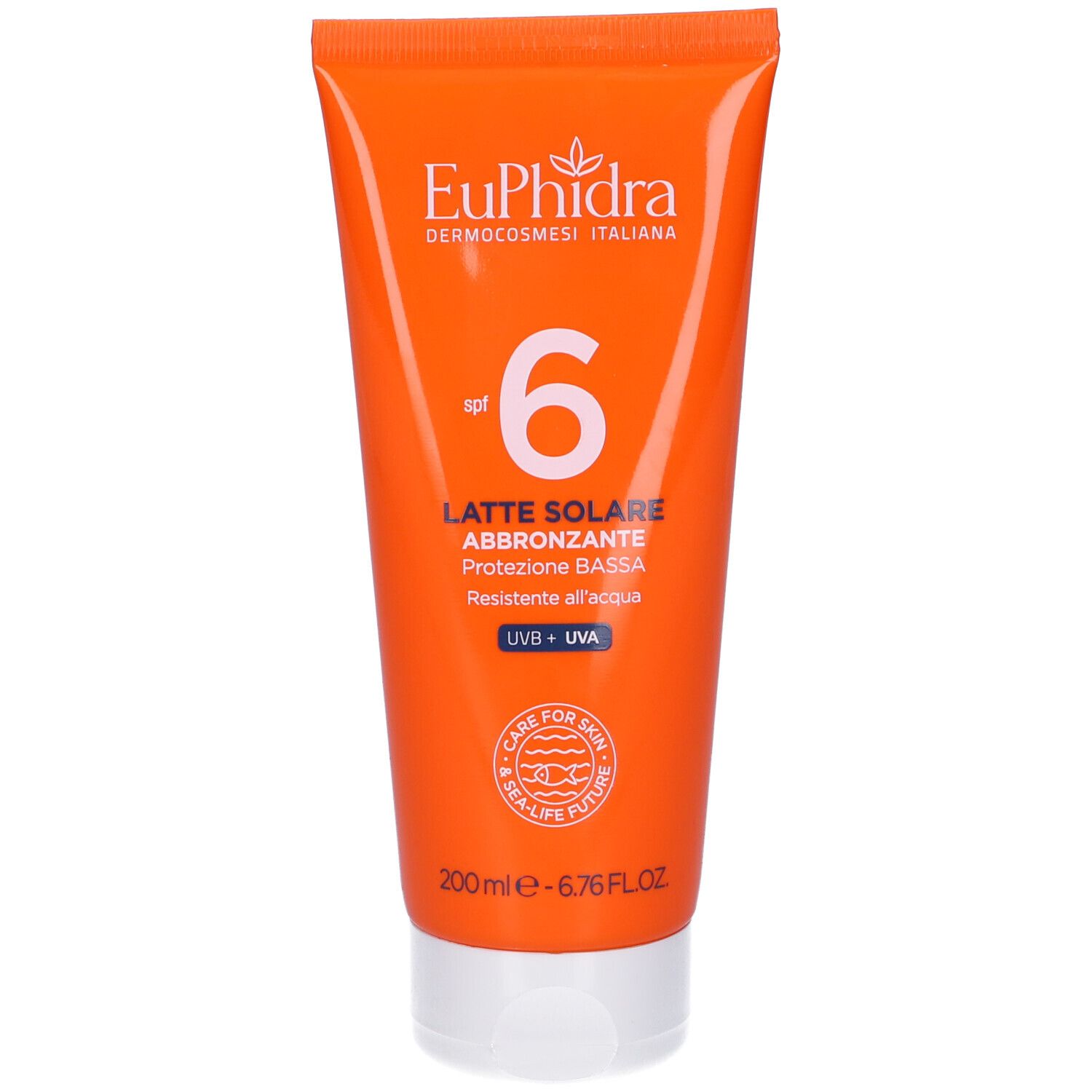 Tubo arancione con tappo bianco. Scritta: Euphidra, SPF 6, Latte Solare Abbronzante. Testo e loghi.