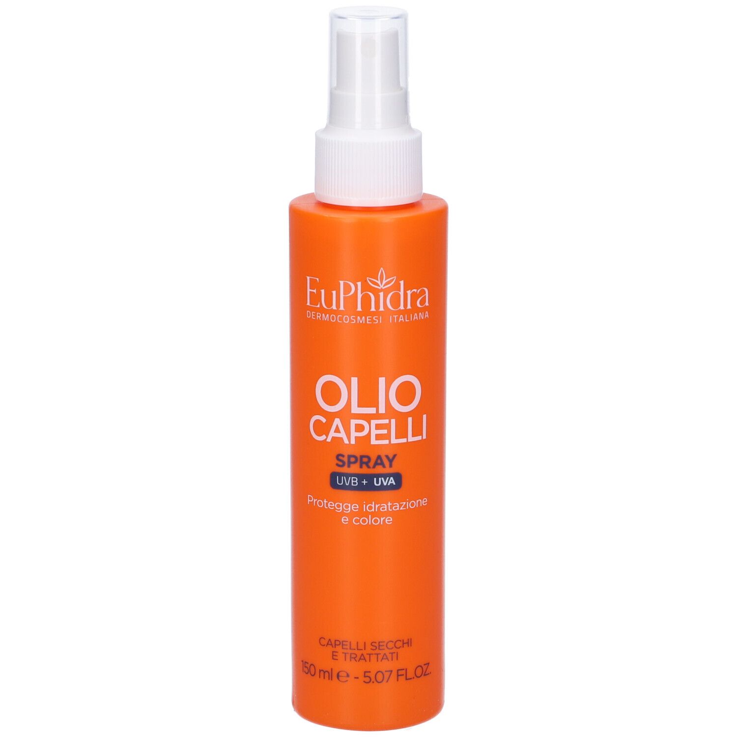 Flacone spray arancione con erogatore bianco. Scritta: Euphidra, Olio Capelli Spray, UVB + UVA. Protegge, idrata e colora.